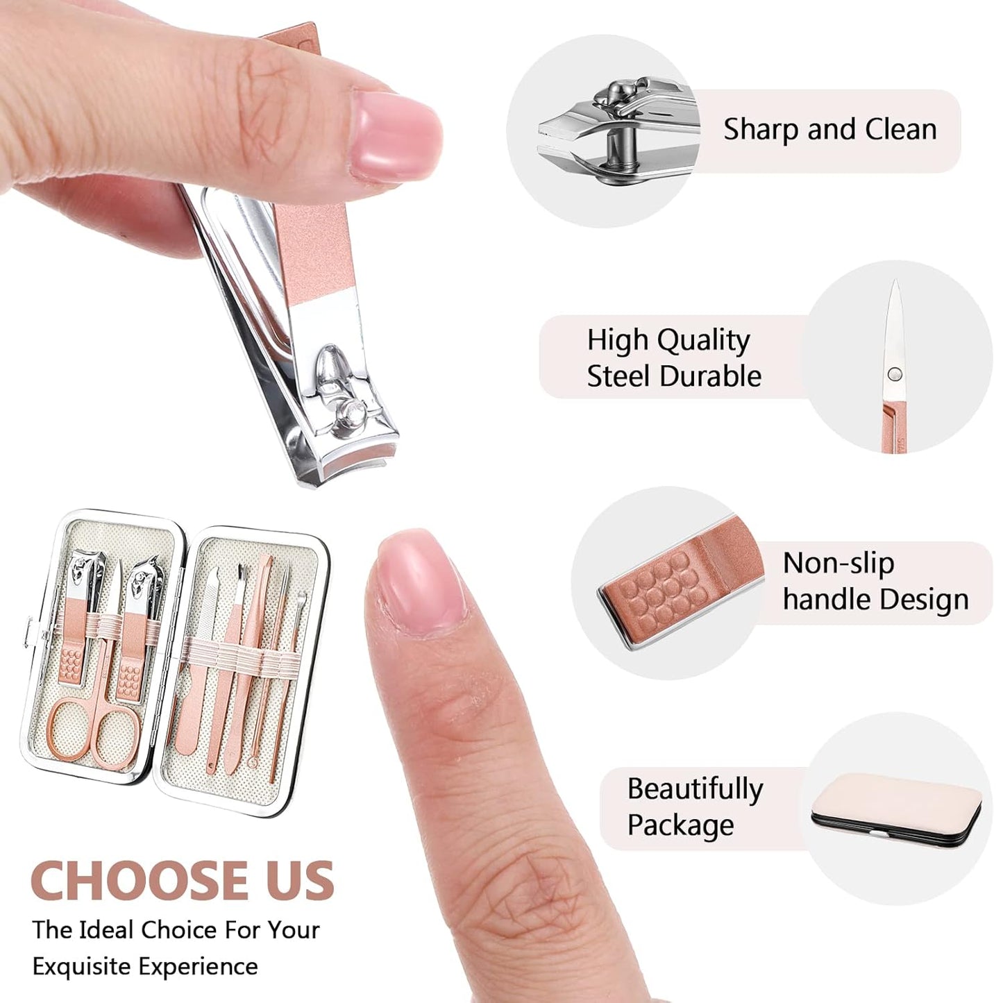 Geosar 12 Sets Manicure Set Nail Clippers Pedicure Kit 8 in 1 Grooming Stainless Steel Kits Nail Care Tools with Travel Case Xmas Gifts for Men Women(Rose Gold)