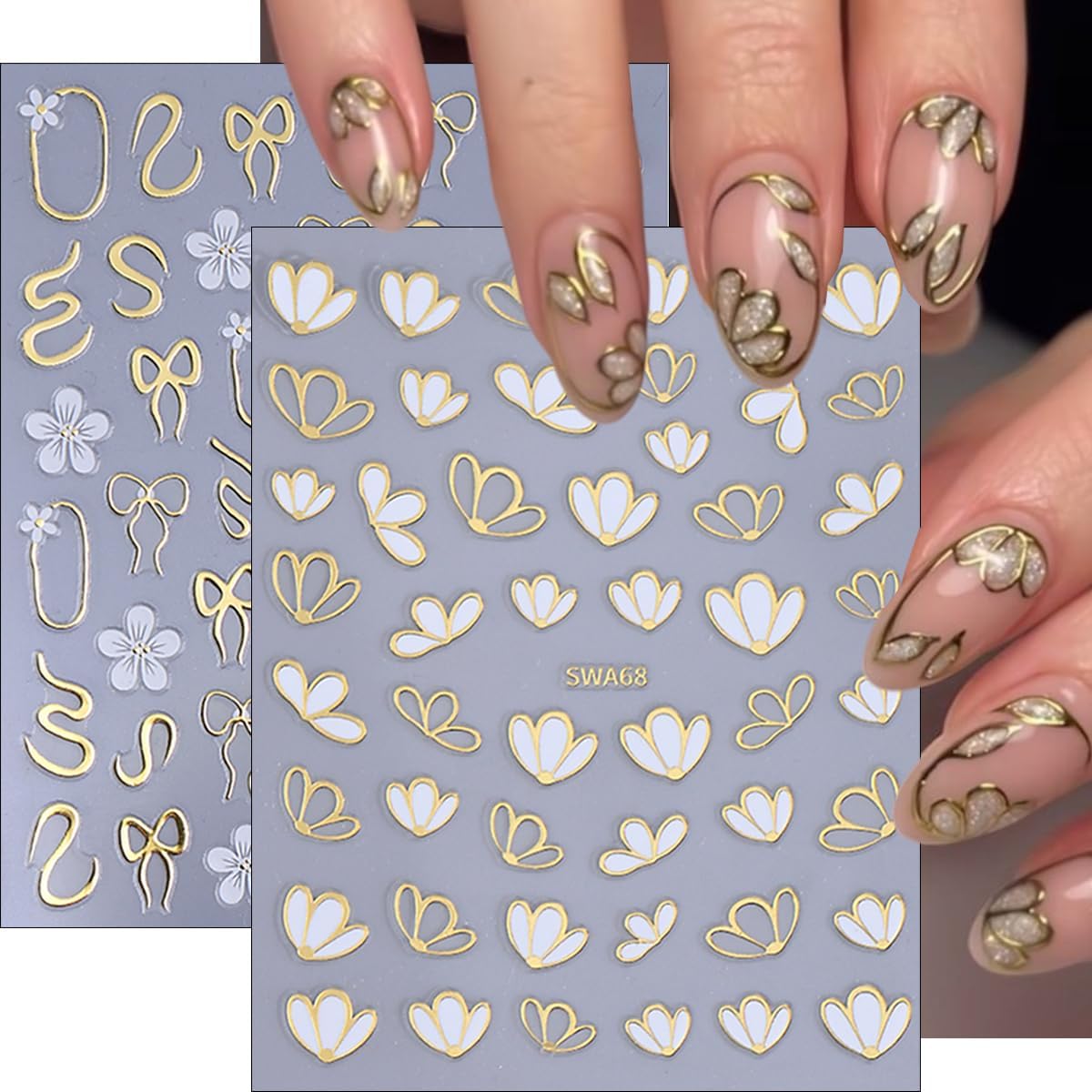 6Pcs Flower Nail Stickers for Nail Art Elegant Floral Nail Decals 3D Self-Adhesive Colorful Blossom Flower Nail Art Stickers Gold Bow Nail Supplies Spring Nail Decoration Accessories for Women Girls