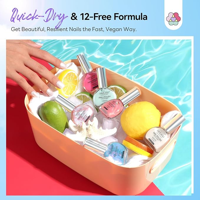 SAVILAND Color Artistry Nail Polish Set: Quick Dry Mermaid Nail Polish 6-Color Pearl Pink Blue White Nail Lacquer Polish Kit 12-Free with Castor Oil Sheer Color Nail Art DIY Manicure Aurora Nail