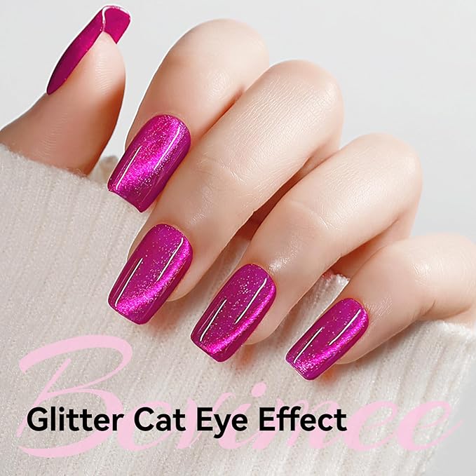 Cat Eye Gel Nail Polish Pink, Magnetic Cateye Gel Polish Hot Pink Glitter Holographic With Magnet For Nail Salon DIY At Home