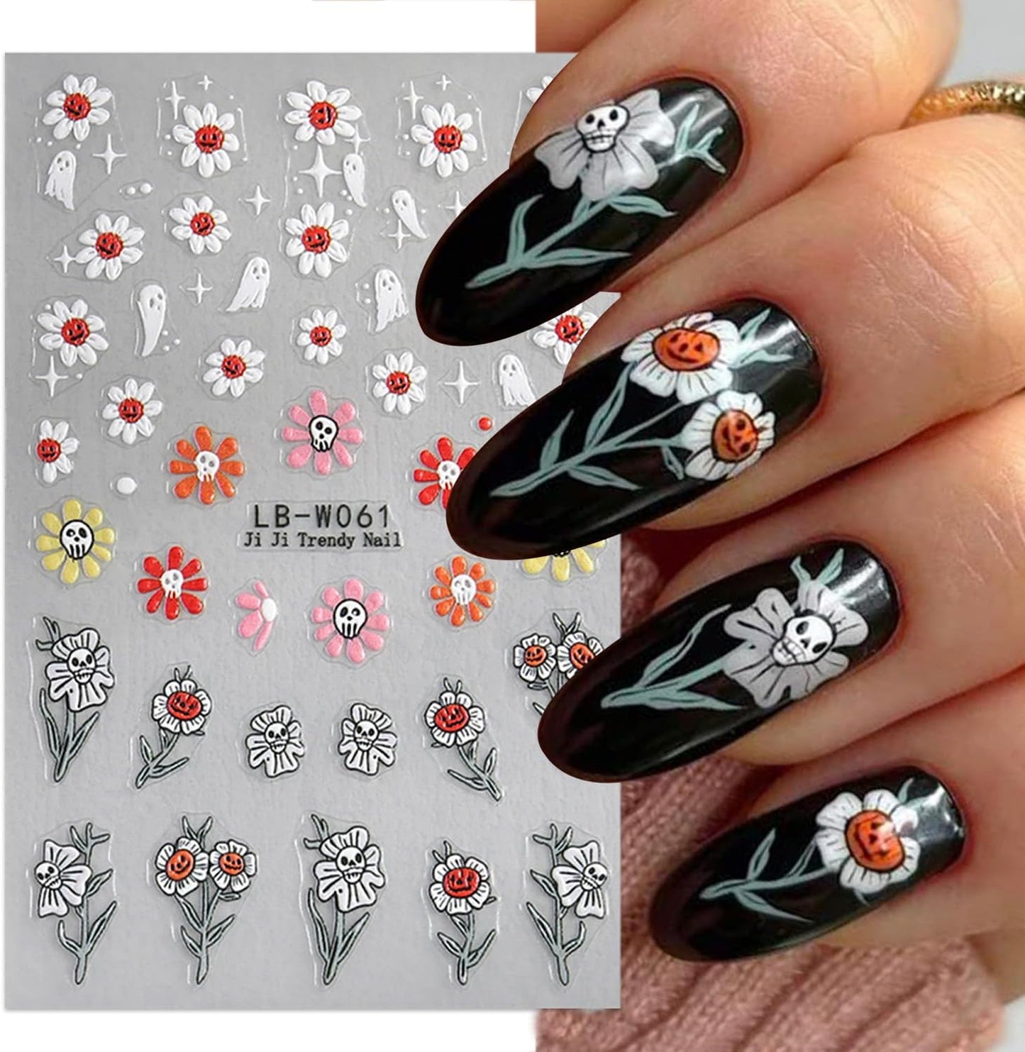 4 Sheets Halloween Nail Art Stickers 3D Self-Adhesive Goth Nail Stickers Flower Skull Ghost Designs Skeleton Nail Decals Nail Art Supplies for Women Acrylic DIY Halloween Holiday Nail Decoration DIY