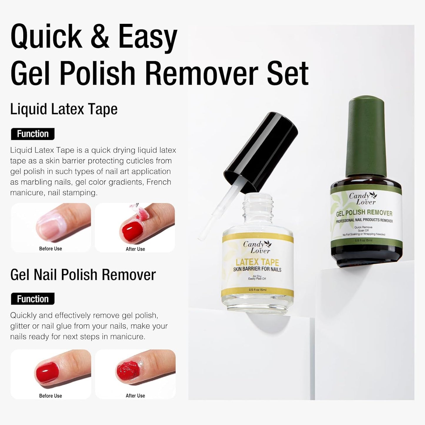 Candy Lover Gel Nail Polish Remover Kit, Latex Tape Peel Off Liquid and Gel Polish Remover with Cuticle Pusher & Nail File, Remover for Nails in 3-5 Minutes, No Need Soaking or Wrapping