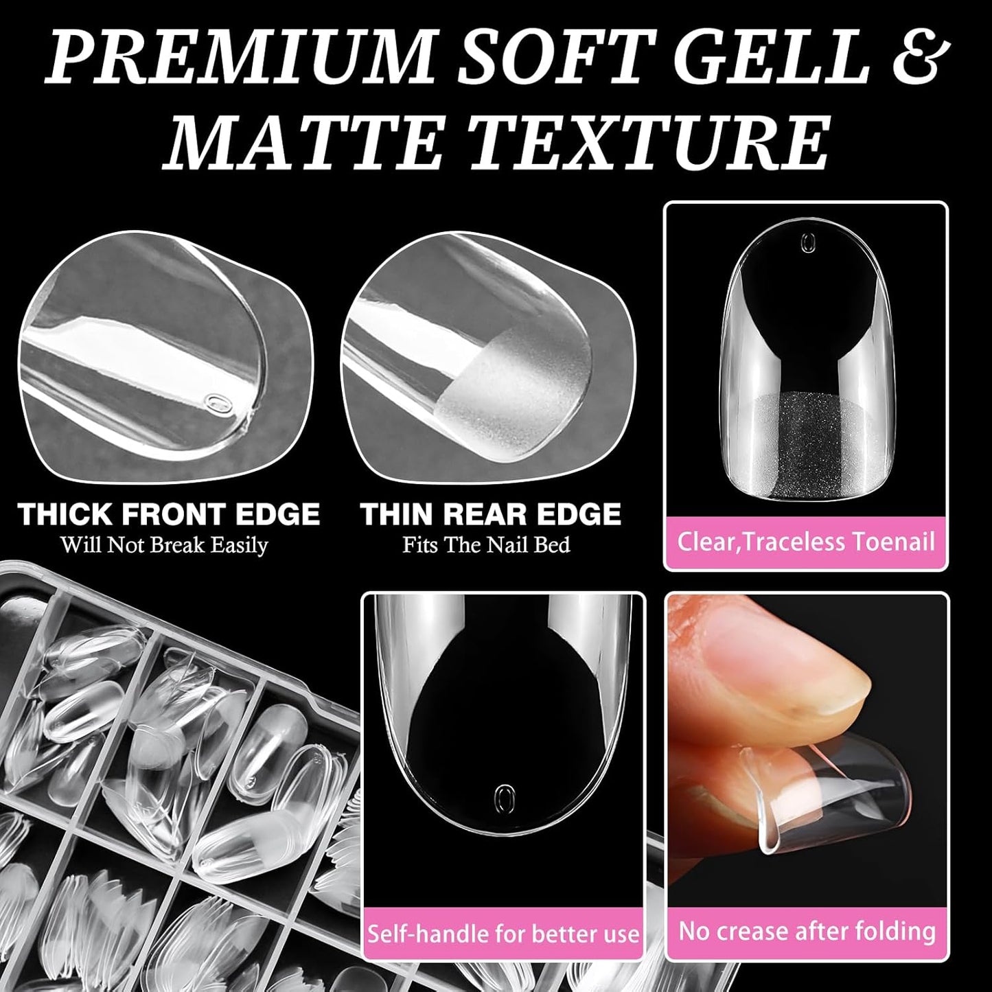 AddFavor Medium Oval Gel Nail Tips, 600pcs Round Acrylic Nail Tips Full Cover Clear Press on Nails False Tips for Nail Extension, 12 Sizes Fake Nails