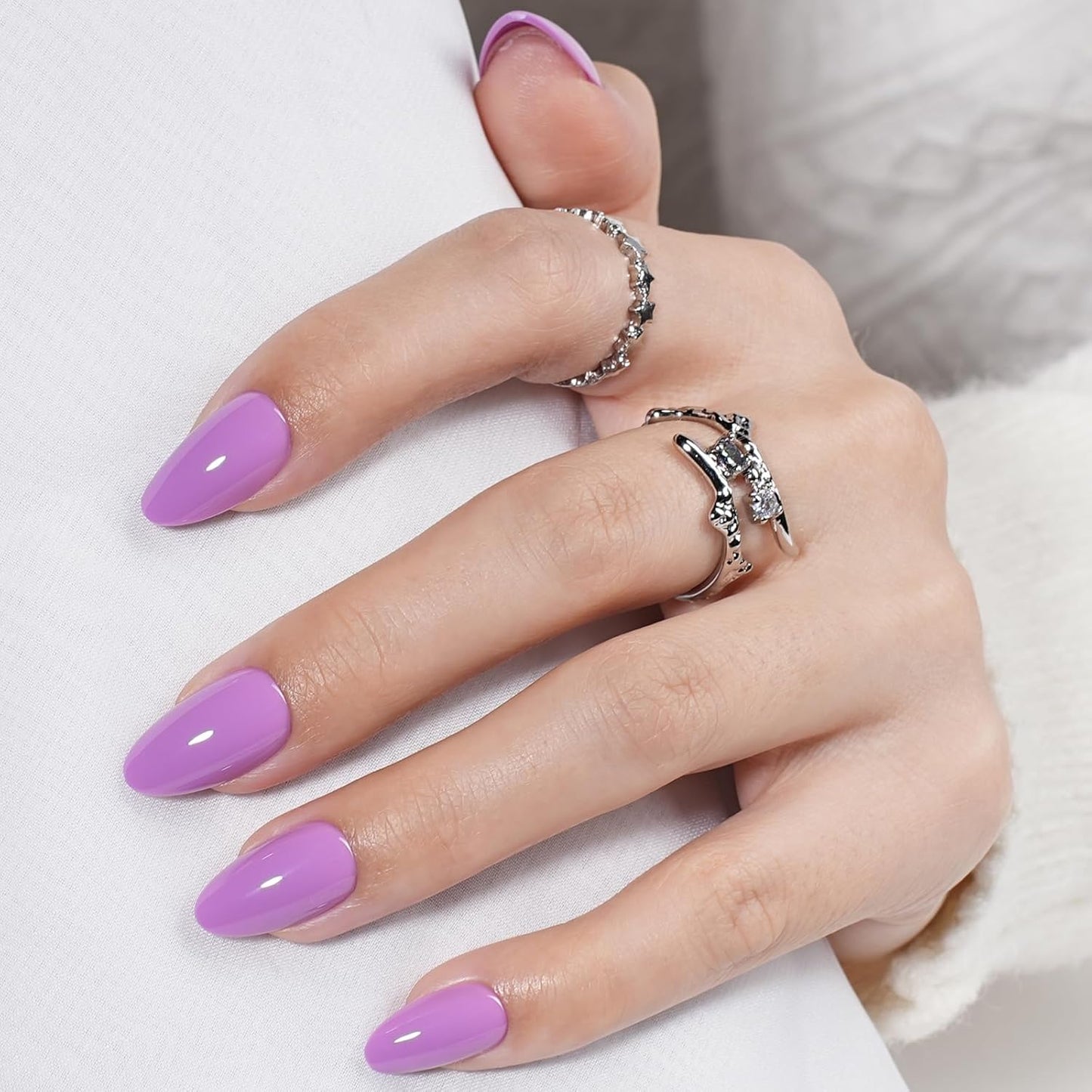 Press on Nails, Short Purple Press on Nails Almond Reusable Glossy Purple Nails Soft Gel False Nails Press ons for Women, 16 Sizes 32 Count Nails Kit with Glue (SV-13)