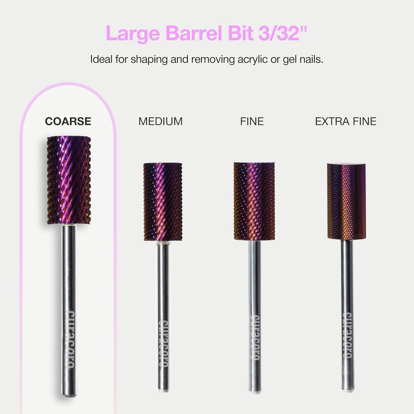Curacoro Nail Drill Bits 3/32'' - Safe Smooth Stop Large Barrel Carbide Bit (Coarse), Fast Remove Acrylic or Gel Nails, Long-lasting Bits for Nail Beds, Nail Art Salon & Home