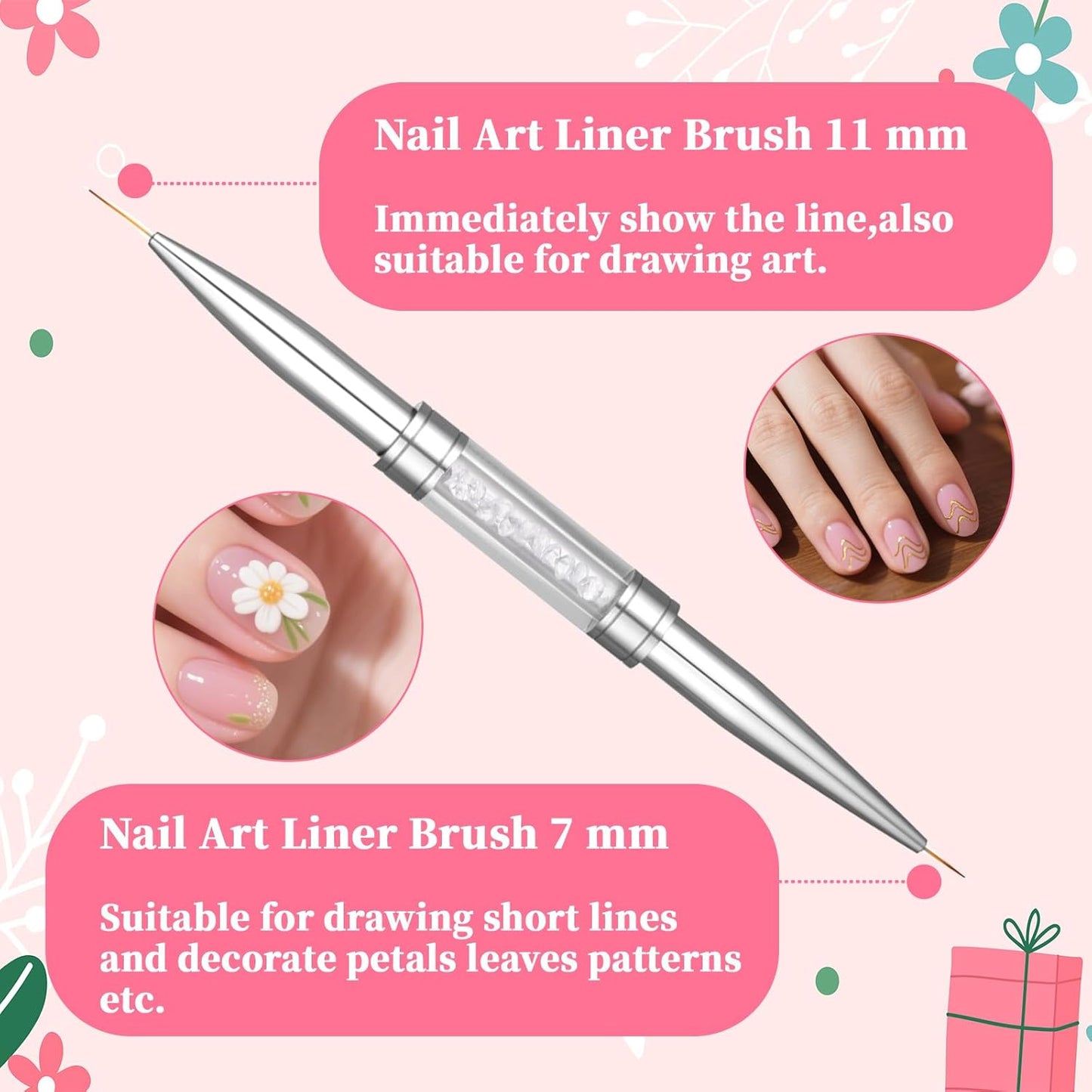 3Pcs Hard Gel Nail Brushes, Dual-Ended French Tip Nail Gels Liner Brush Rhinestone Handle Nails Brush, Builder Gel Liner Brushes for Professional Nails Art French Manicure Design