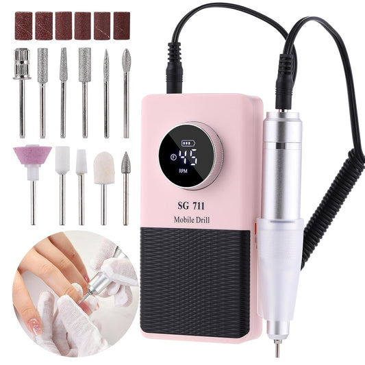 Electric 45000RPM Nail Drill Machine Rechargeable Portable Nail File Electric DIY Nail Drill Kit with Smart LCD Screen for Gel Nail Manicure and Pedicure Reflective Body etc (Pink)