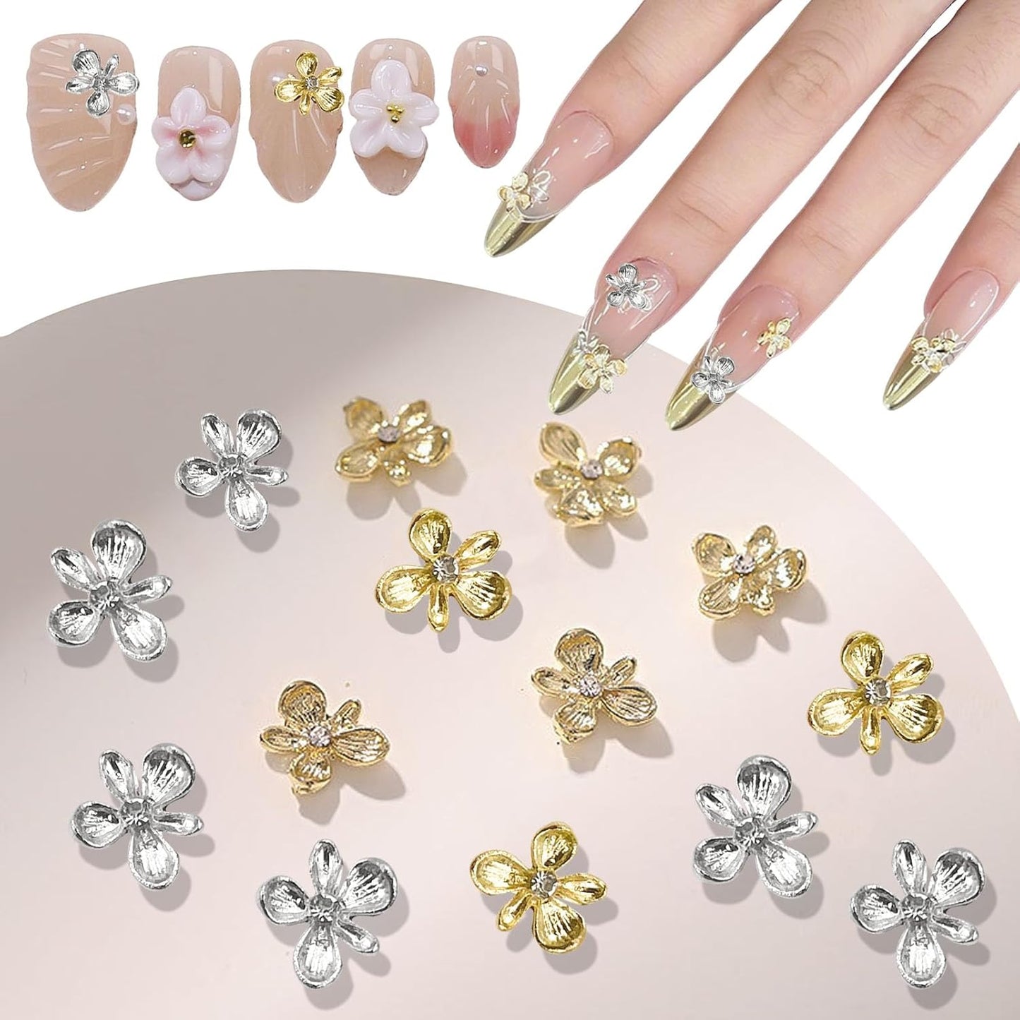 40PCS Gold Flower Nail Art Charms, 3D Metal Alloy Nail Charms Cute Mini Floral Blossom Designs Manicure Jewelry Charms Rhinestones for Women Nail Art DIY