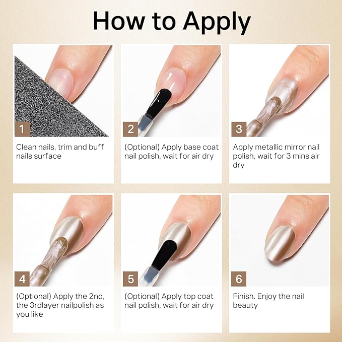 MIZHSE Champagne Mirror Nail Polish, Quick Dry Metallic Nail Polish, Air Dry Fast Chrome Nail Lacquer Bright Color Oil-based Nail Art Manicure DIY Home
