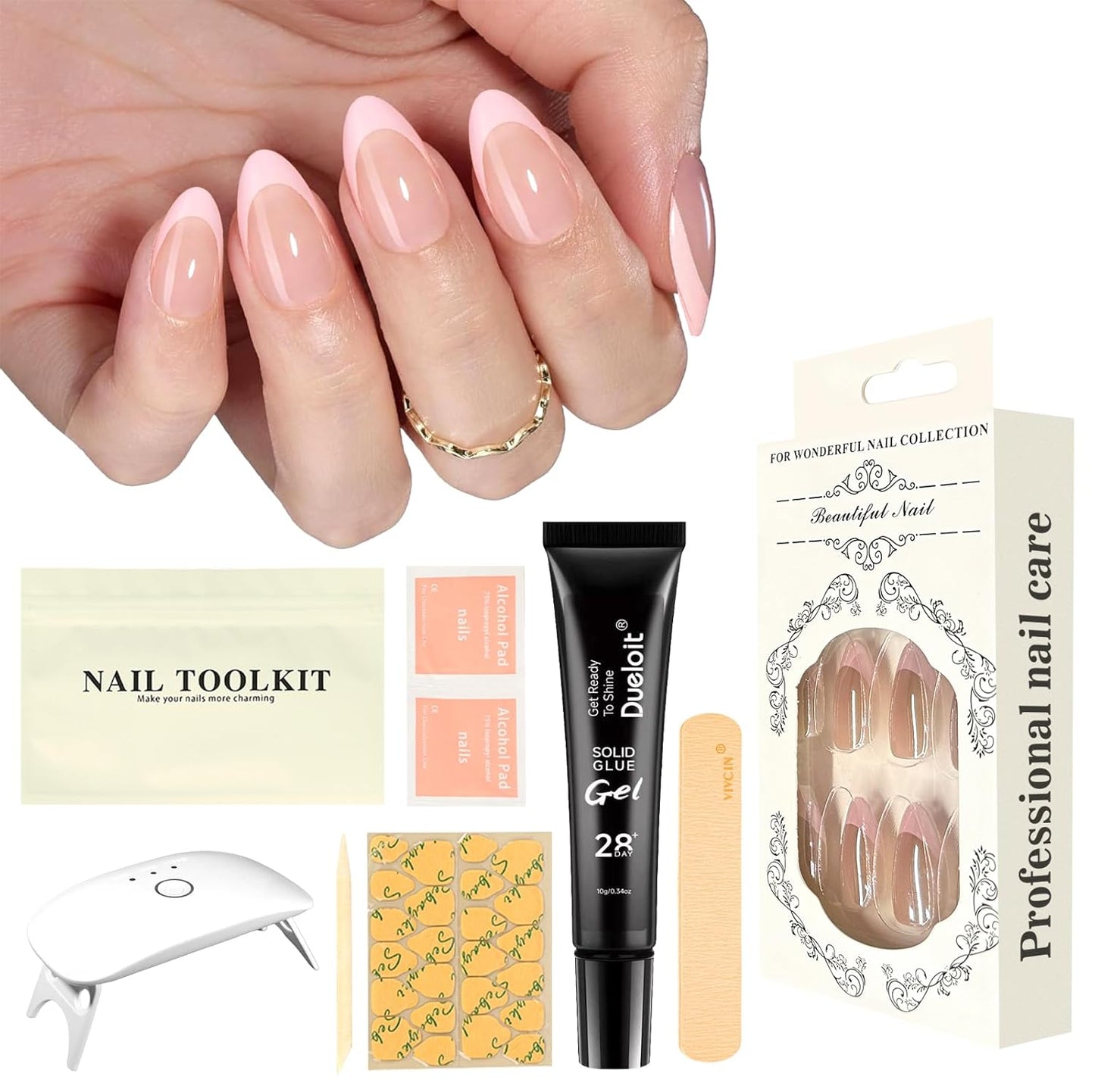 16-size Pink French Almond-Shaped Press-On Nails Kit with Portable 12W LED Nail Lamp, and Tool Set—Ultimate Combo for Enhanced Durability and Longevity.