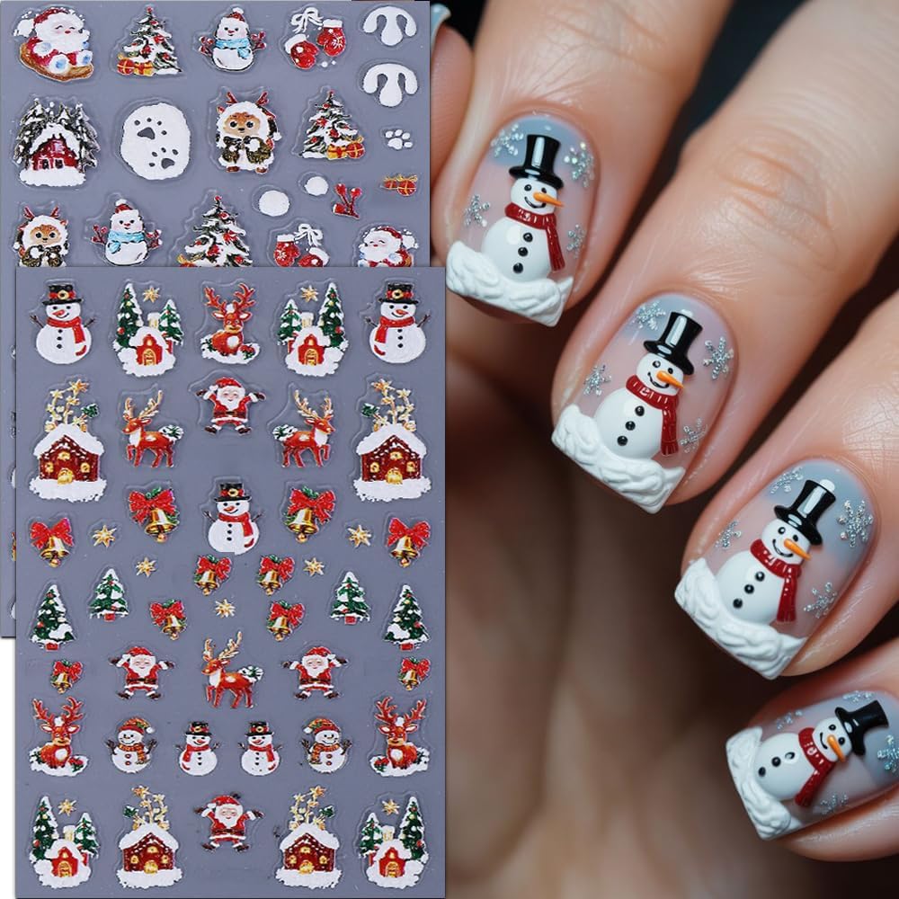 Christmas Nail Stickers 5D Embossed Snowman Elk Nail Art Stickers Xmas Holiday Nail Decals Self-Adhesive Deer Snow Santa Claus Design Sticker Nail Decoration for Women Manicure Accessories 2Pcs
