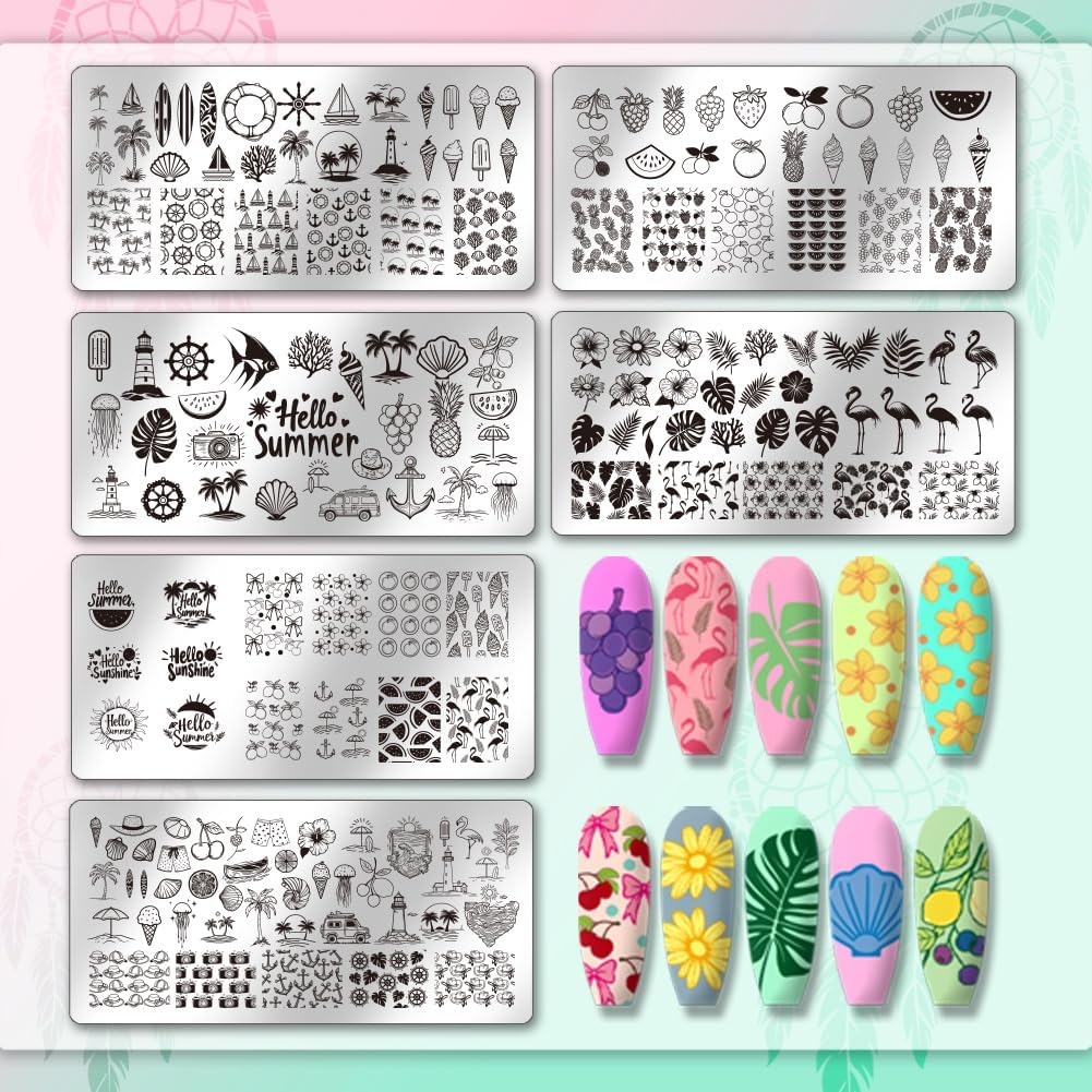 PH PandaHall Summer Nail Stamping Plate Kit, 6pcs Ocean Beach Templates Nail Art Stencils Stainless Steel Image Plates with Silicone Nail Stamper Scraper Tool for Women Manicures Salon Design