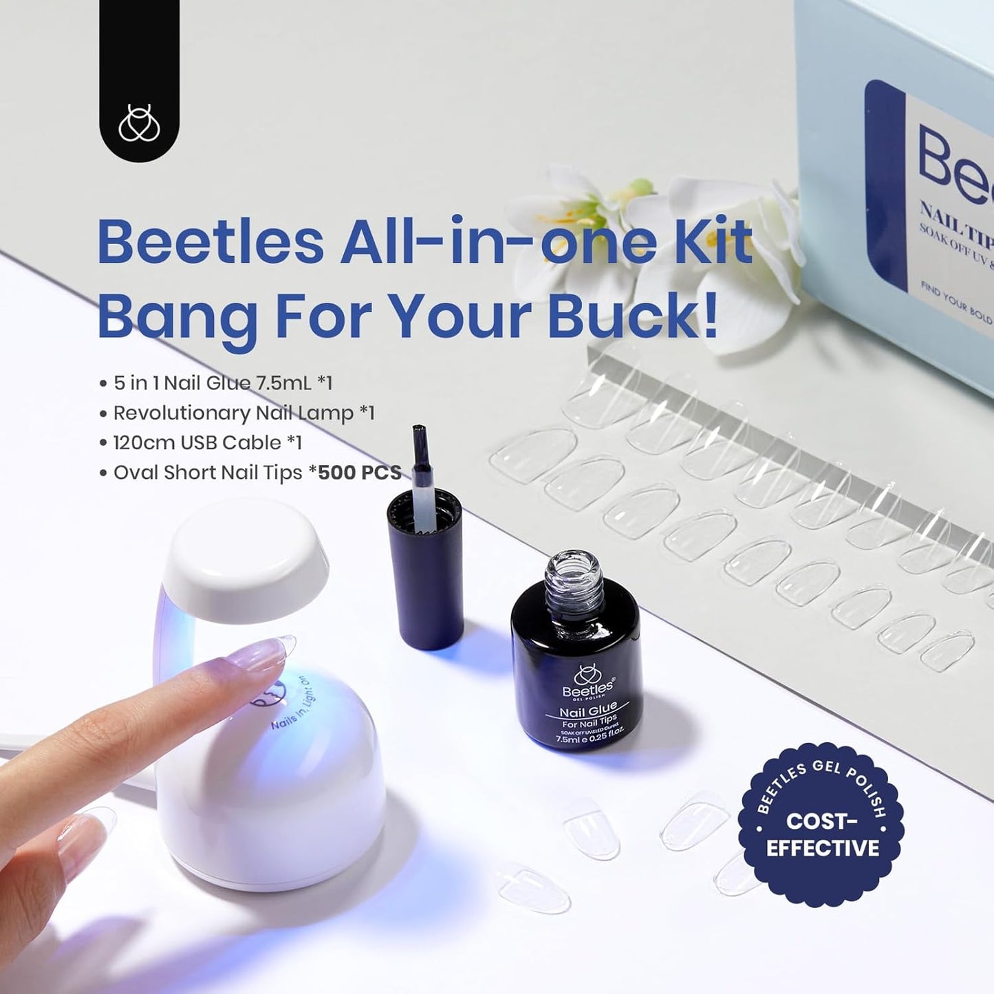 Beetles Gel Nail Kit Oval: 500Pcs Easy Extension Set, Clear Short Tips, 5 in 1 Multipurpose Glue Gel Base, UV LED Lamp for DIY Nail Art