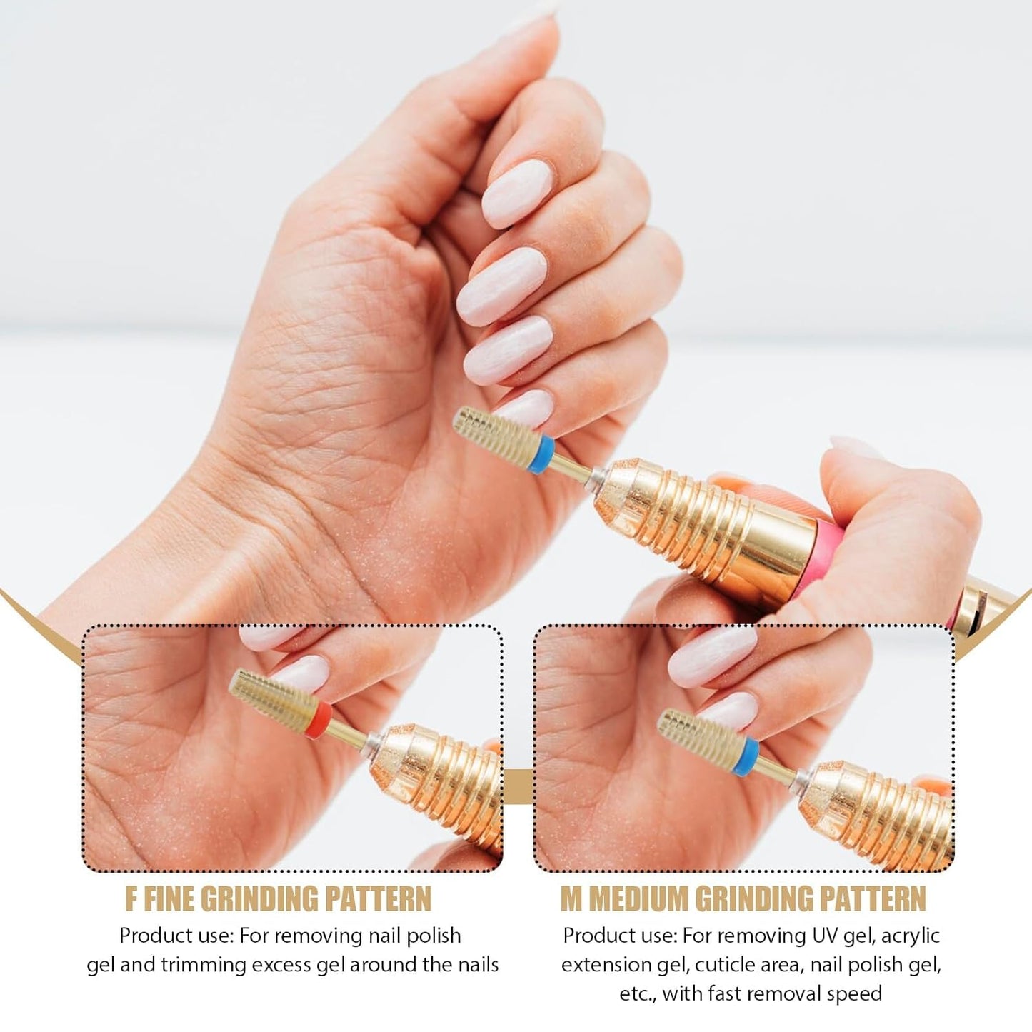 2 Pcs 3/32" 5 in 1 Professional Carbide Nail Drill Bits Sets with Case, 2 Pack Tungsten Safety Drill Bits Tech Cuticle Bit Fast Remove for Manicurist Nail Salon Manicure Pedicure Gel Polishing (Gold)