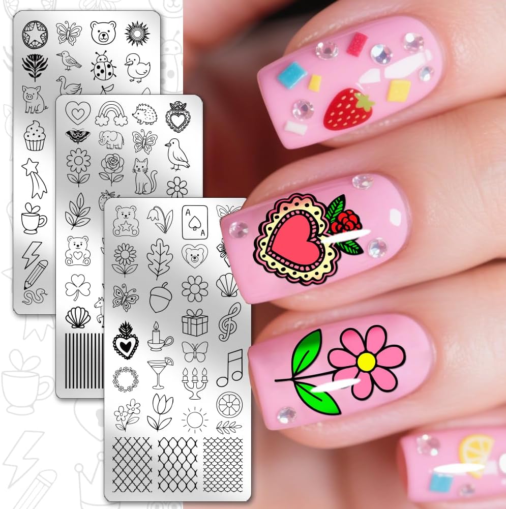 PH PandaHall 3pcs Cute Animals Nail Stamping Plates Flower Fruit Nails Art Templates Dessert Cake Nails Image Plates Cartoon Pattern Manicures Art Stencils for Women Manicures Salon Design Printing