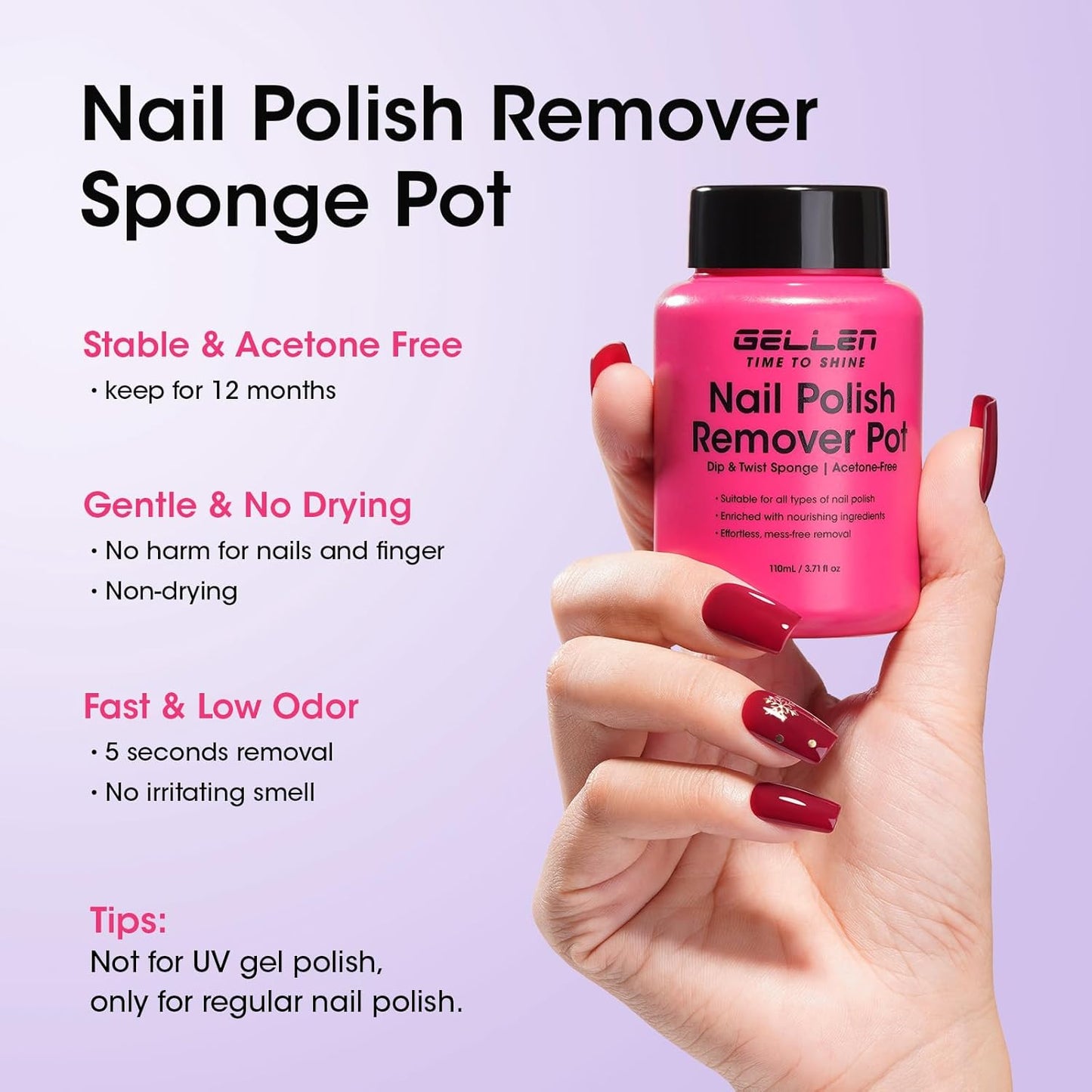 Gellen Nail Polish Remover, Dip Twist Sponge Nail Polish Remover Pot For Fingernail Toenail, Non-Acetone Fragrance Free, 5-9s Quick Removal, Lavender Scent No drying Formula Shea Butter & Vitamin E