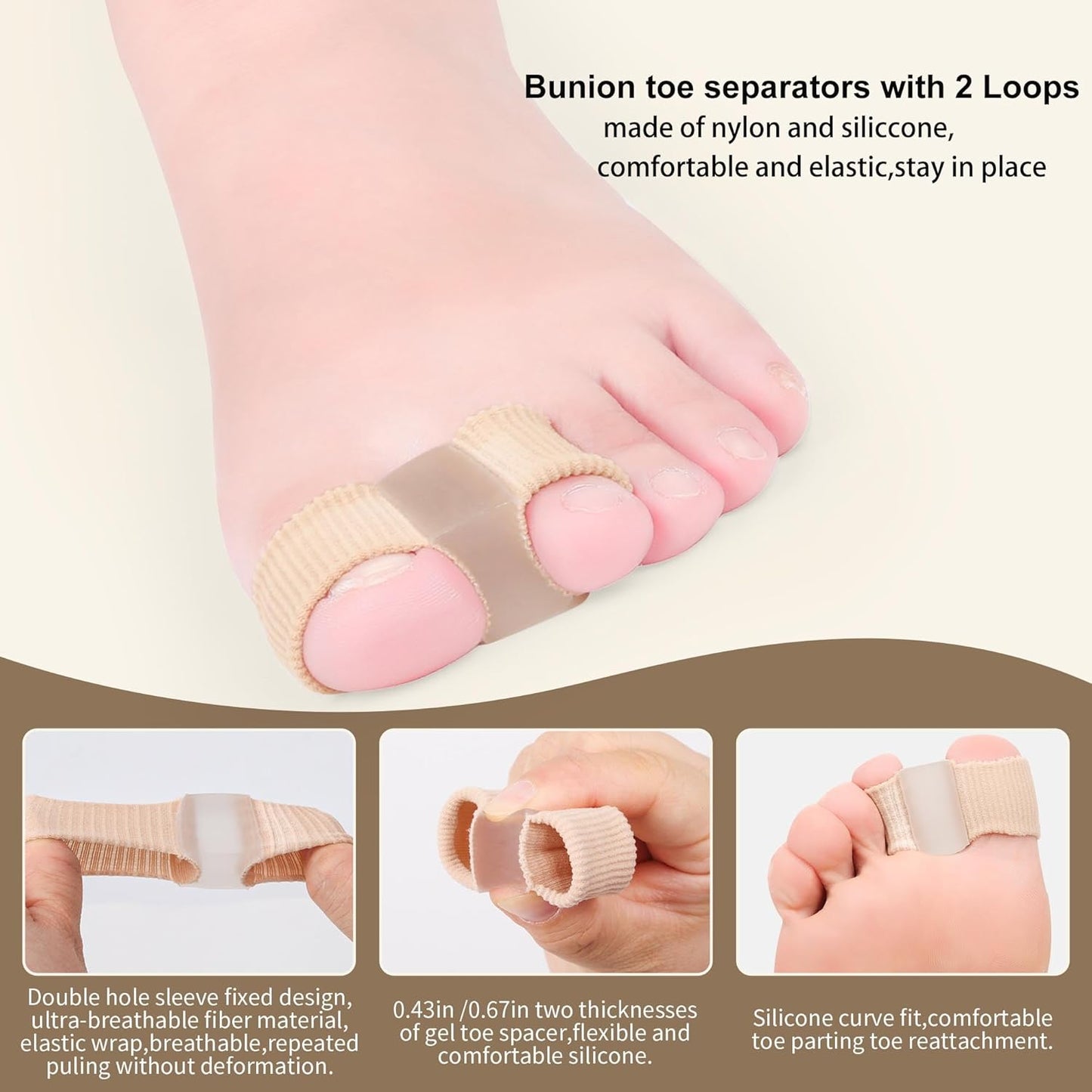FOYOLO 2PCS Gel Toe Separators Bunion Corrector with 2 Loops be Made of Elastic Fabric Material Toe Corrector for Big Toe,Toe Spacers Suitable for Hallux valgus,Foot Pain,Corns (S)