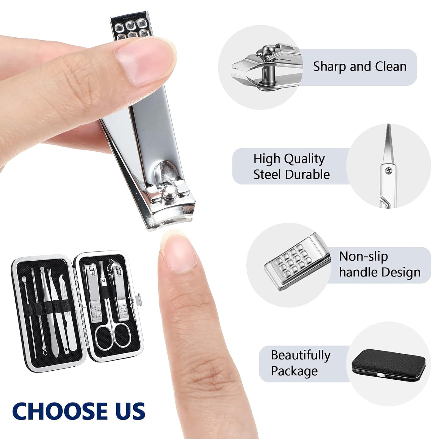 Geosar 12 Sets Manicure Set Nail Clippers Pedicure Kit 8 in 1 Grooming Stainless Steel Kits Nail Care Tools with Travel Case Xmas Gifts for Men Women(Black)