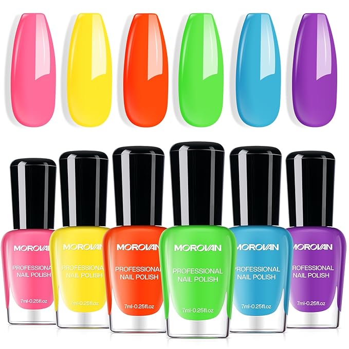 Morovan Nail Polish Set Fingernail: Neon Quick Dry 6 Bright Colors Rainbow Nail Polish Kit Regular Finger Nail Polish Pack Summer 0.25oz Glossy Nail Polish Gifts for Women