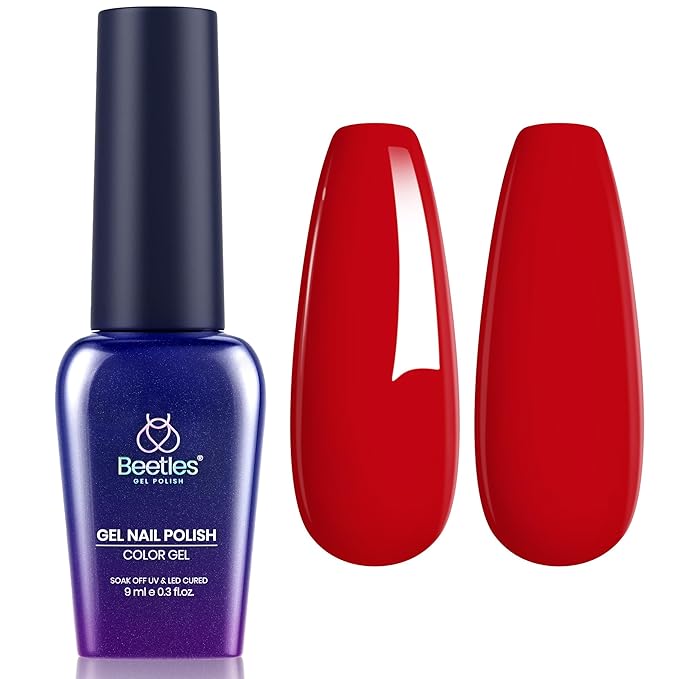 Beetles Red Gel Polish,Crimson Gorgeous Gel Polish, Red Color Nails Glossy Long Lasting Soak Off U V LED Gel for Nail Art Salon Quality DIY