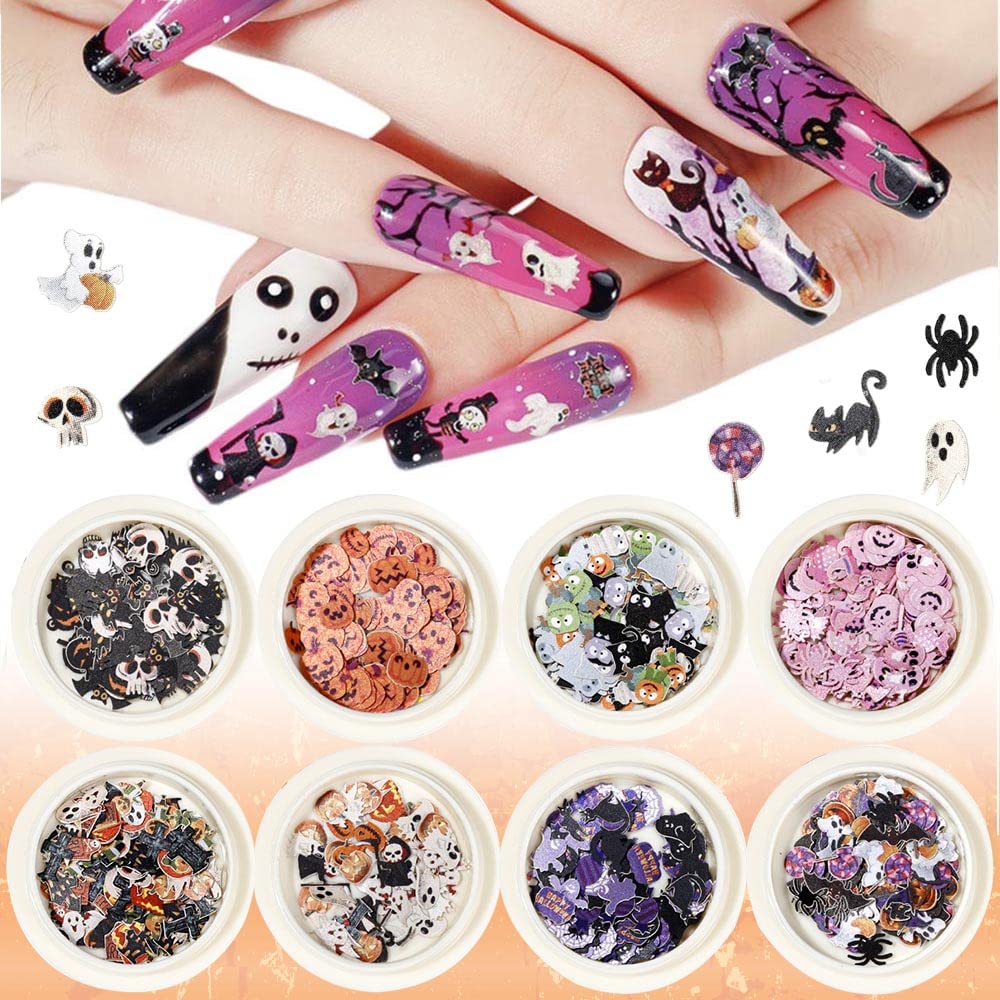 Kalolary 8 Boxes Halloween Nail Art Sequins 3D Nail Art Decals Stickers, Halloween Pumpkin Witch Bat Nail Arts Decals Manicure DIY Decoration Tools