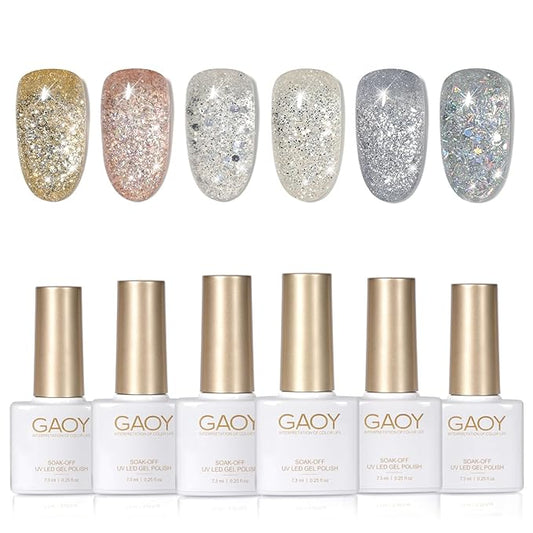 GAOY Glitter Gel Nail Polish Set, 6 Colors Silver Gold Champagne Sparkly, Soak Off UV Cure Gel for DIY Manicure at Home