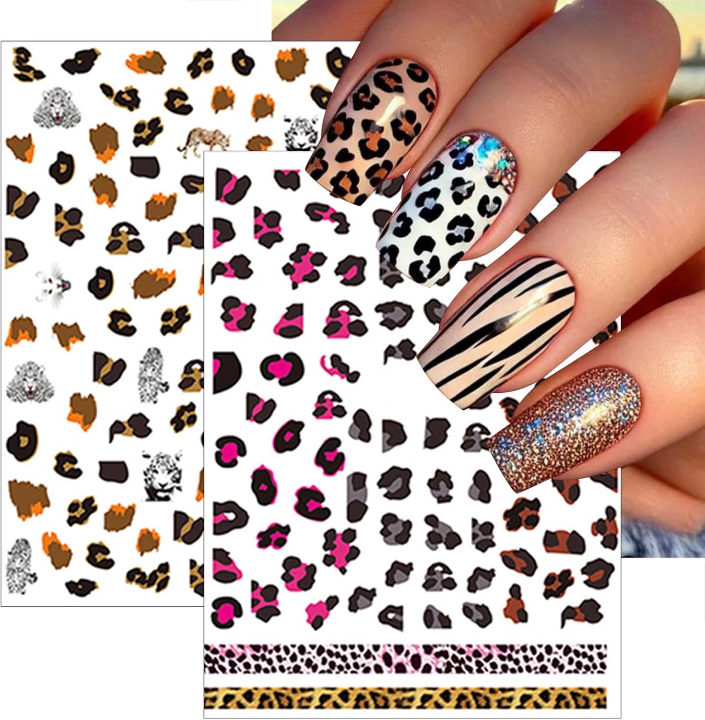 8 Leopard Print Nail Stickers 3D self-Adhesive French Nail Stickers Hibiscus Petal Nail Art Design Suitable for Women and Girls DIY Nail Decoration Supplies