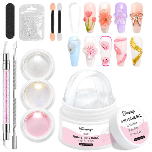 Solid Builder Gel and Chrome Nail Powder Kit BISHENGYF: 4 In 1 No Wipe 3d Sculpting Nail Gel Aurora Pink White Pearl Chrome Nail Powder Clear Non-Sticky Hand Extension Glue for Nail Decoration 30g