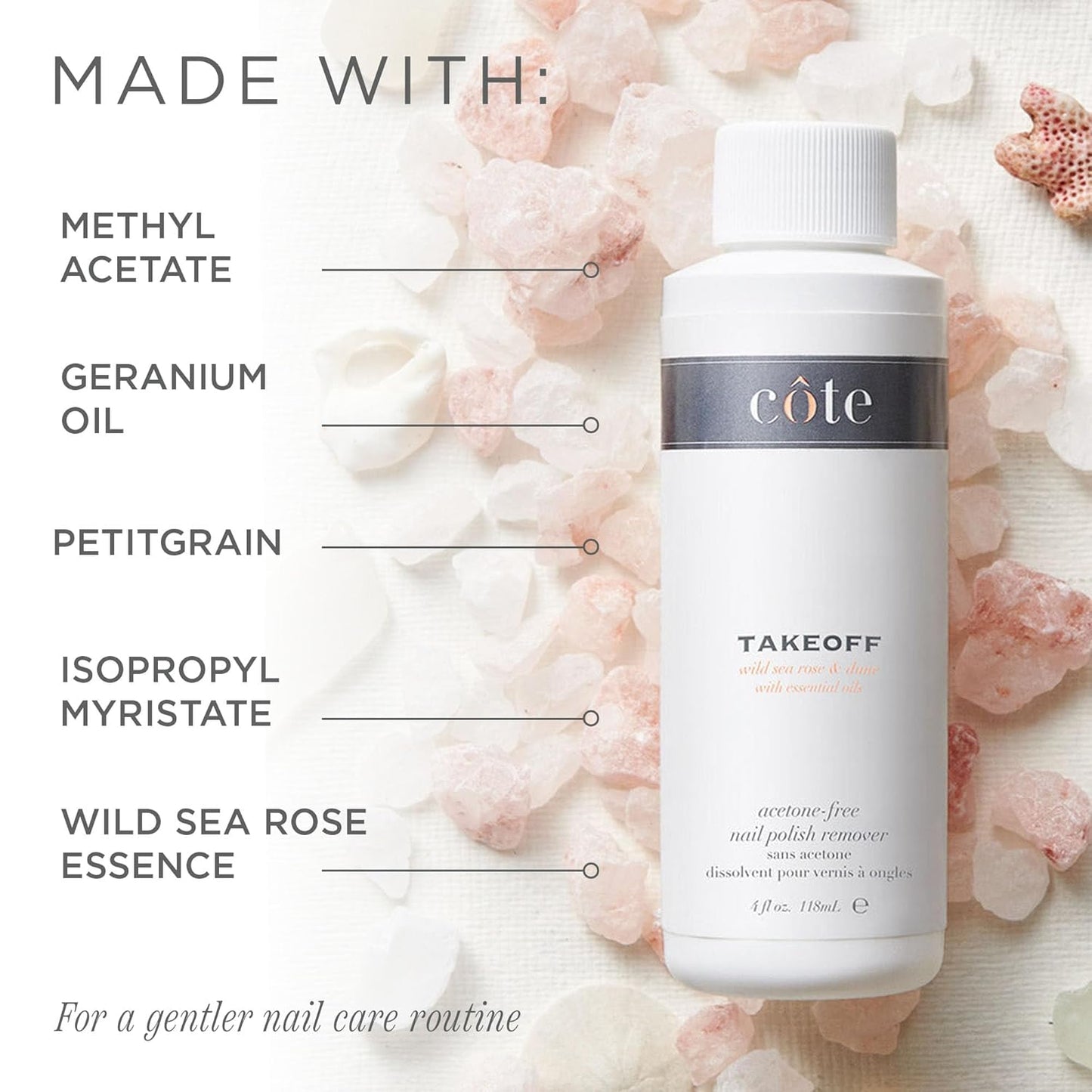 Côte Beauty’s Takeoff Non-Acetone Nail Polish Remover, Scented with Wild Sea Rose & Essential Oils, Vegan & Cruelty-Free, Gentle Nail Polish Remover with No Chalky Residue, 4 Fl Oz