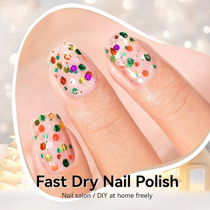 Christmas Nail Polish, Red Green Gold Glitter Regular Nail Polish, Quick Air Dry, Non-gel, Vegan, Sparkle Holiday Nail Art DIY Home Travel Manicure Gift for Women Girls