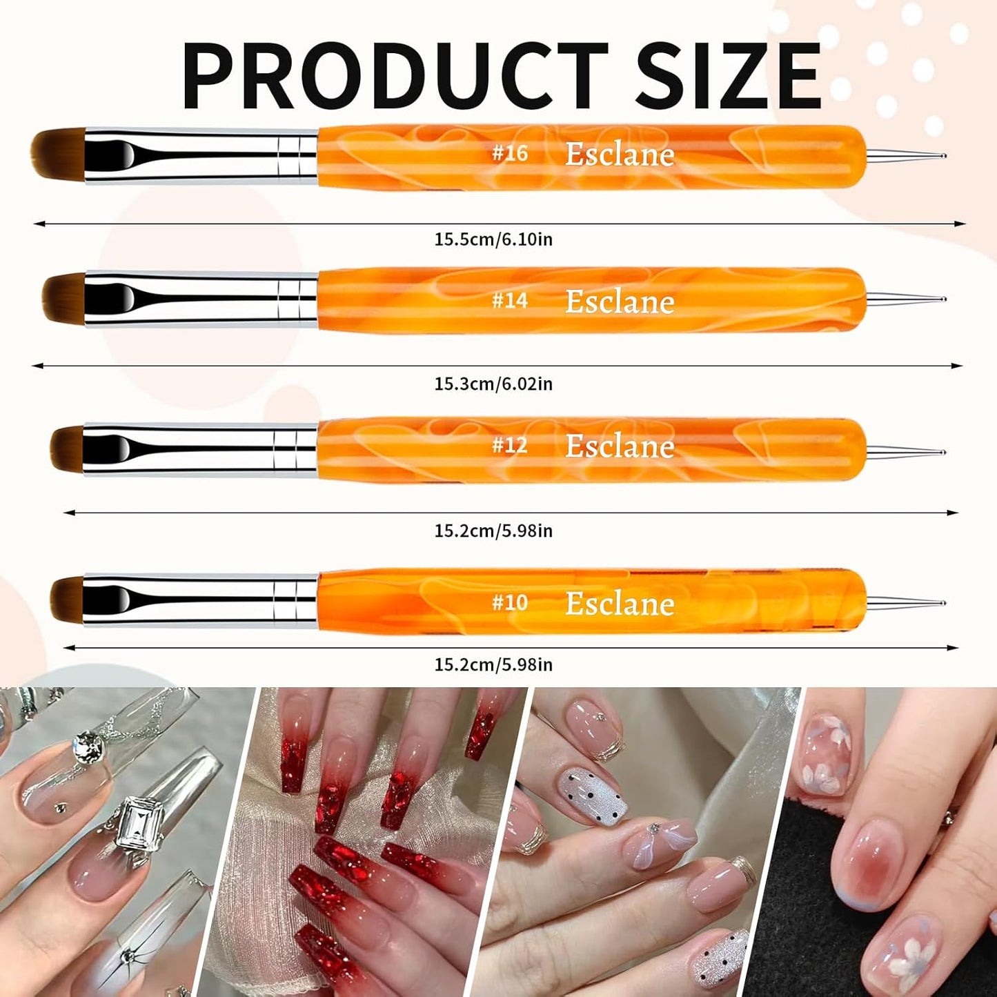 French Manicure Brush, Esclane 2 Way French Nail Brush with Dotting Tool for Manicure Cuticle Clean Up Nail Art Design, French Tip Brush (Orange, #16)