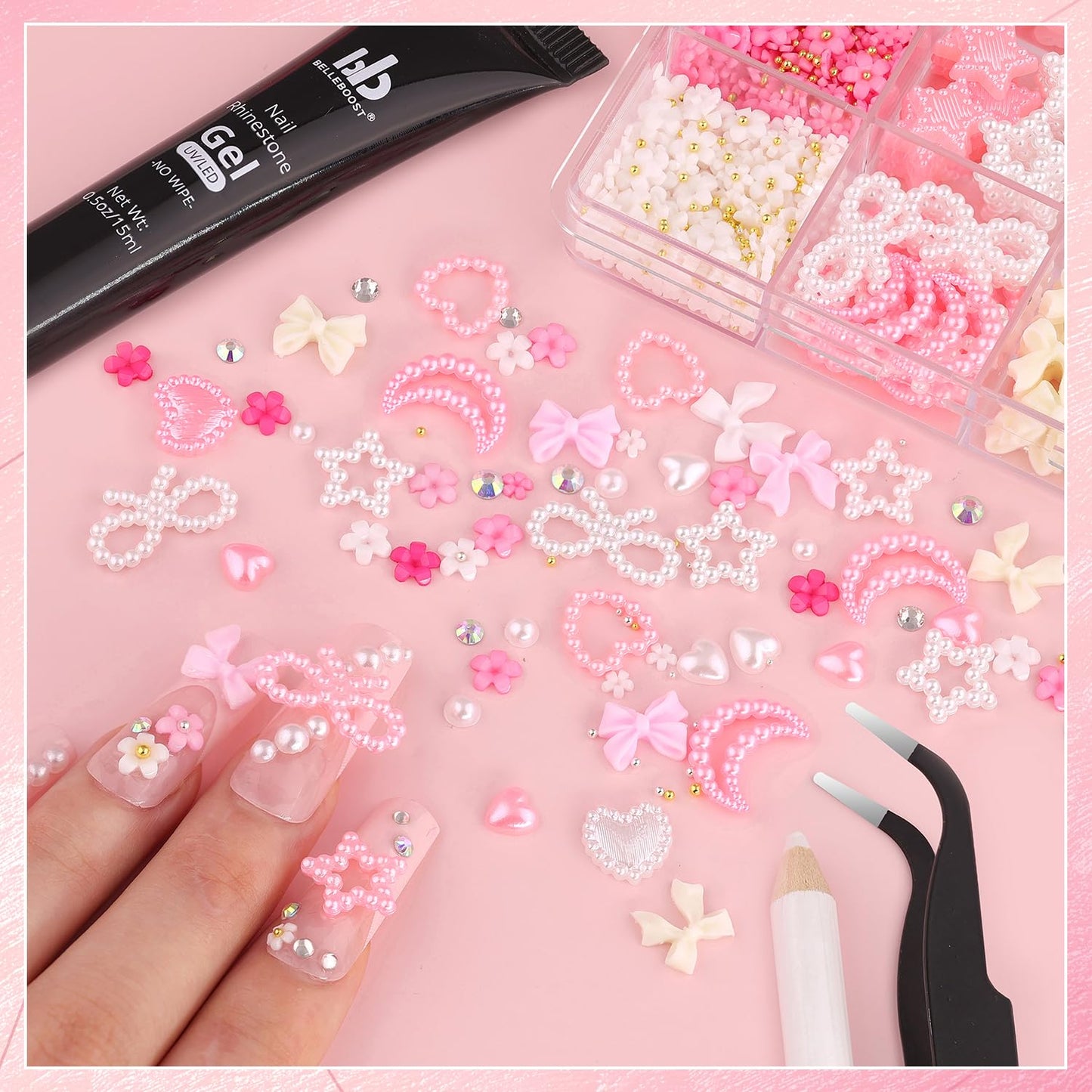 Chunky Nail Charms and Gems Set 4 with Rhinestone Glue, Girly Coquette Nail Charms + Assorted Pearl Bows Heart Star Moon + Cute 3D Flowers for Nails + Flatback Crystals & Pearls for Kawaii Nail Design