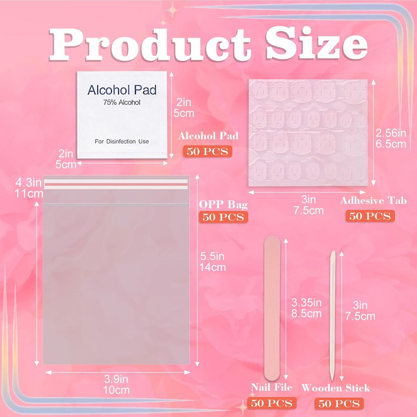 50 Set Disposable Press on Nail Tool Kit, Including 50pcs Nail File, 50pcs Adhesive Nail Tabs, 50pcs Prep Pad, 50pcs Wood Stick, 50pcs OPP Bag, Manicure Nail Prep Kit for Salon Home (50pcs-B-Pink)
