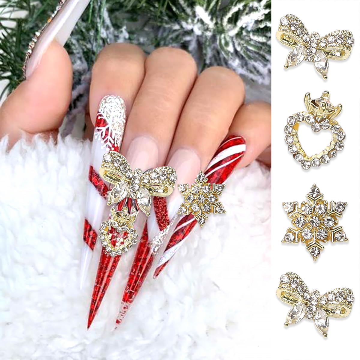 18Pcs Christmas Nail Art Charms Metallic Silver Nail Charms Shiny Snowflake Heart Christmas hat Trees Nail Rhinestones Bling Cute Crystal Nail Gems Winter Glitter Snowflake Nail Supplies for Women DIY