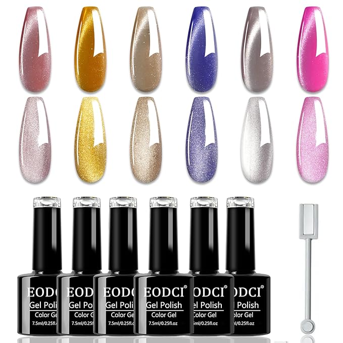 Cat Eye Gel Nail Polish, 6 Colors Jelly Flash for Holographic Glitter Cat Eye Gel with Magnet Stick, UV LED Curing Requires Soak Off Home Salon Manicure and Nail Art DIY at Home Diy