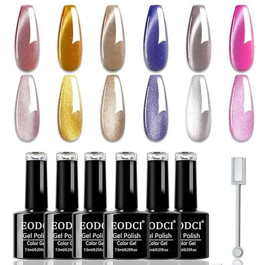 Cat Eye Gel Nail Polish, 6 Colors Jelly Flash for Holographic Glitter Cat Eye Gel with Magnet Stick, UV LED Curing Requires Soak Off Home Salon Manicure and Nail Art DIY at Home Diy