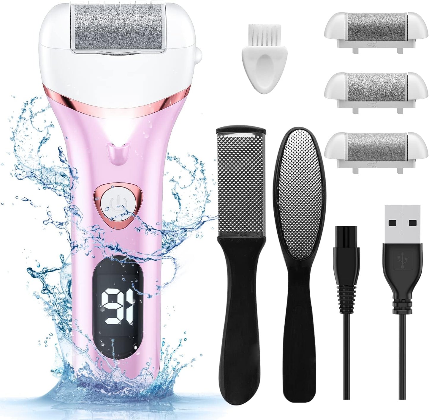 Electric Foot Callus Remover, Rechargeable Portable Electronic Foot File Pedicure Kits, Waterproof Foot Scrubber File, Professional Pedicure Tools, Foot Care for Dead Skin Ideal Gift, 3 Rollers