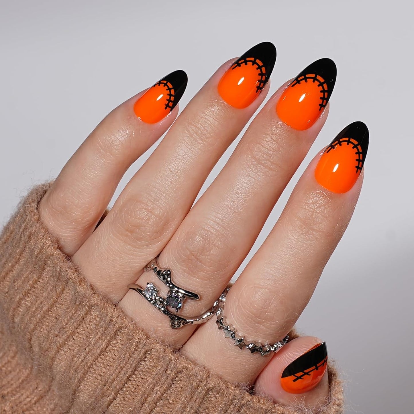 French Tip Press on Nails, Short Press on Nails Almond Reusable Glossy Soft Gel False Nails Orange Press ons for Women, 16 Sizes 32 Count Nails Kit with Glue (SV-09)