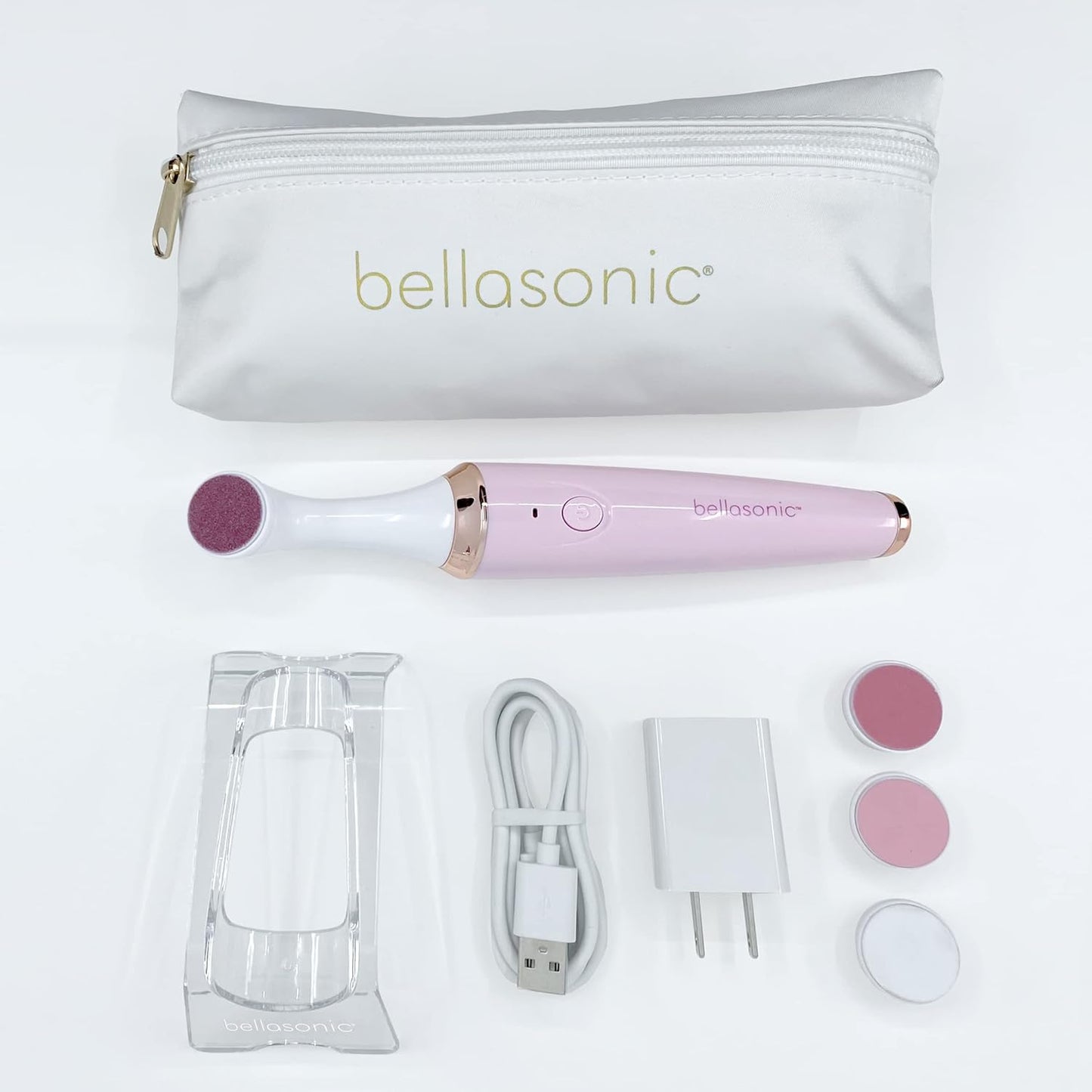 BELLASONIC 4-in-1 Rechargeable Electric Nail File Set with Travel Pouch – Unique Oscillating Head – Shape, Smooth, Buff & Shine Nails – Remove Cuticles & Calluses (Pink/Pink Metallic)