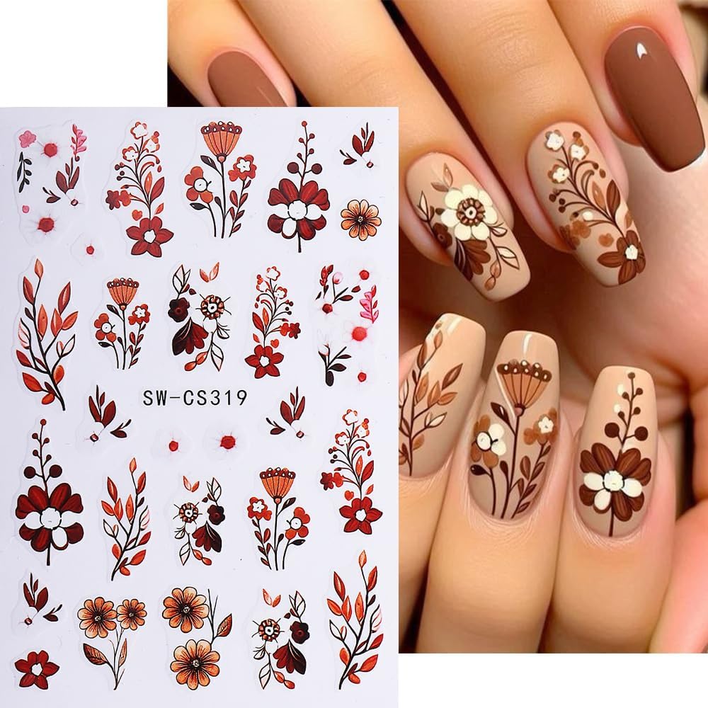 Fall Flower Nail Art Stickers Decals 3D Self-Adhesive Flower Nail Decals Nail Art Supplies 6PCS Brown Flowers Leaf Fall Winter Nails Design Manicure Sliders Accessories for Women DIY Nail Decorations