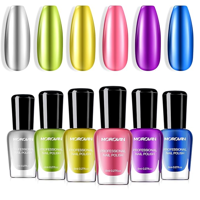 Morovan Metallic Chrome Mirror Quick Air Dry Nail Polish Set: Gold, Silver, Purple - 6 Colors, No UV Curing, Long Lasting, Safe & Healthy, Perfect for DIY Manicure
