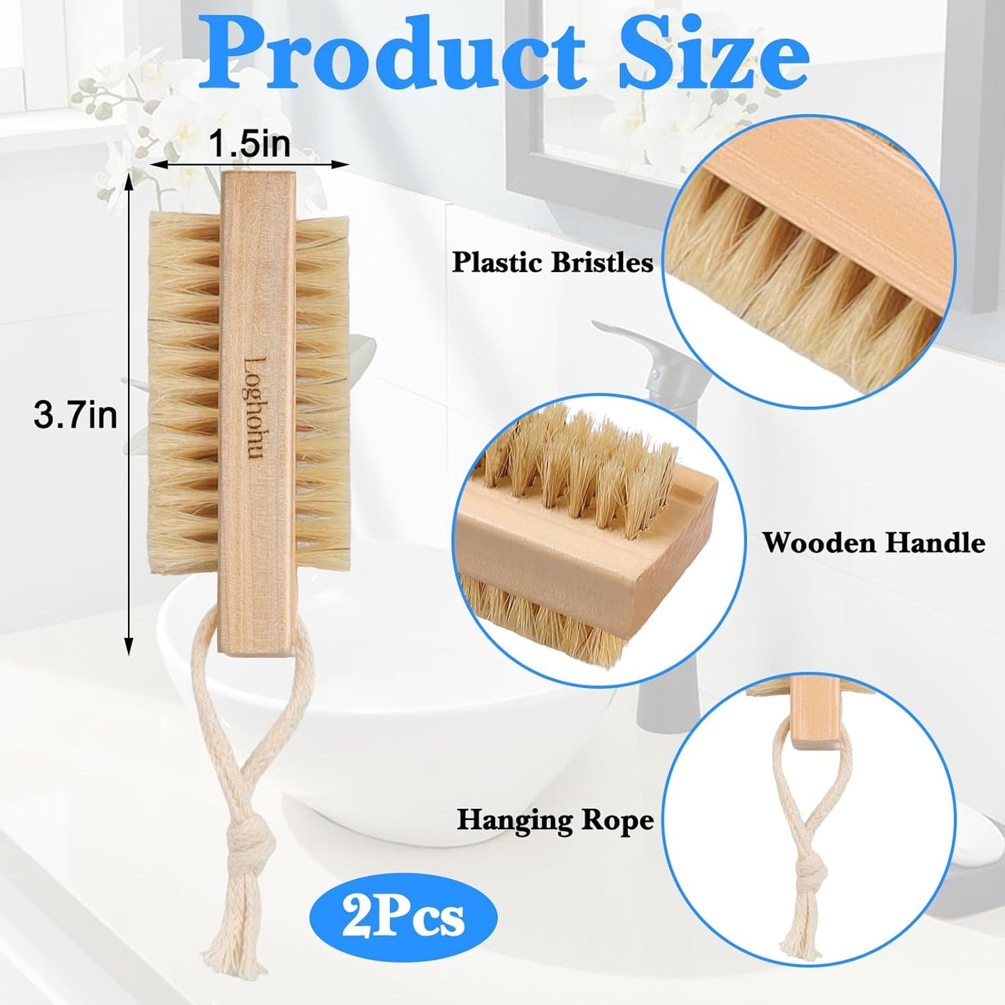 2Pcs Wooden Nail Brush for Cleaning Fingernails Two-Sided Wooden Fingernail Nail Scrubber Brush with Hanging Rope for Deep Cleaning Under Nails Fingernails Toes Nail Art and Industrial Repair Job