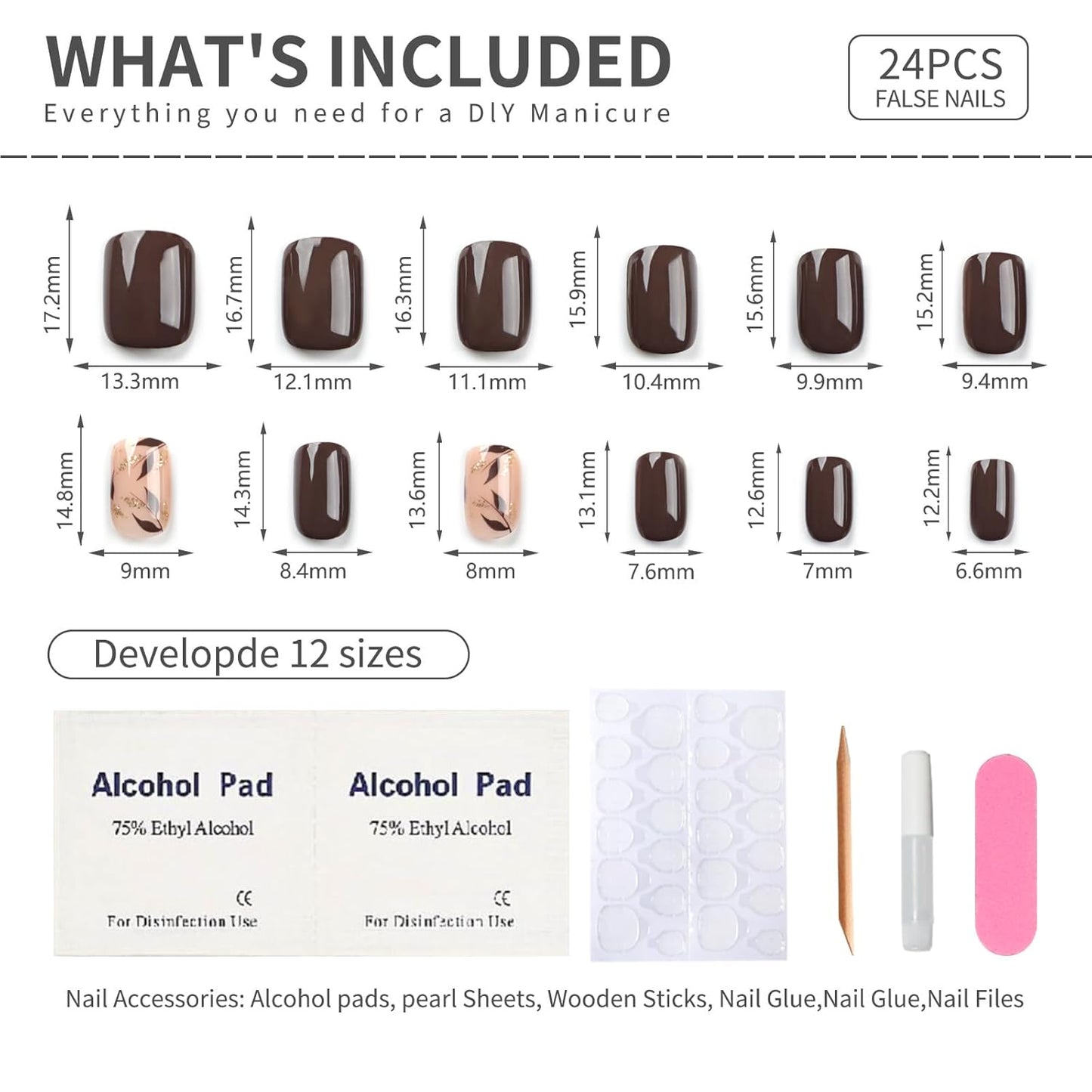 Dark Brown Press on Nails Short Square Fake Nails with Golden Leaf Accents Glitter Designs, Glossy Gel Finish Acrylic Short Fake Nails, Thick Natural Glue on Nails Kit for Women, 24Pcs