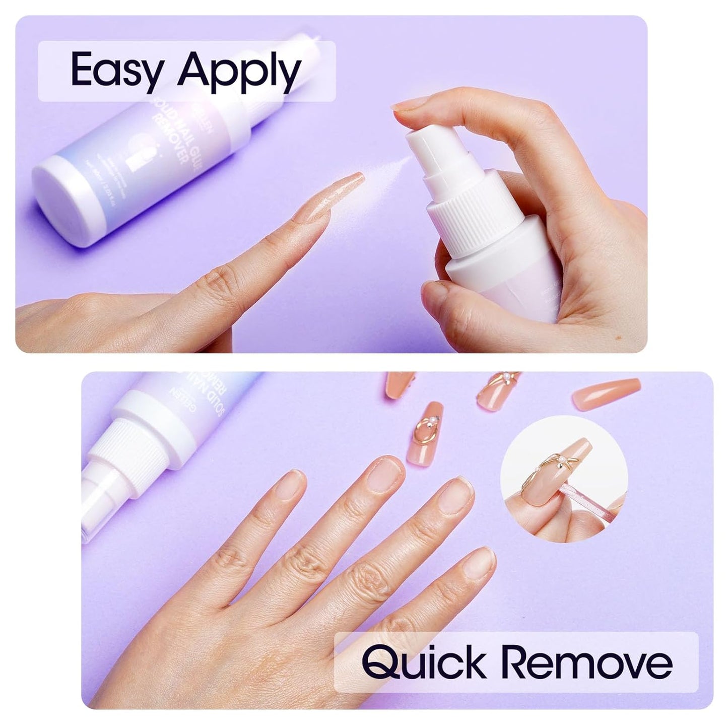 Gellen Solid Gel Nail Glue Remover Spray, 60ML Nail Glue Remover for Press On Nails Acrylic Nails Fake Tips, Acetone Free Soak Off Press-on Nail Removers Glue Off, Not UV Gel Polish Removers