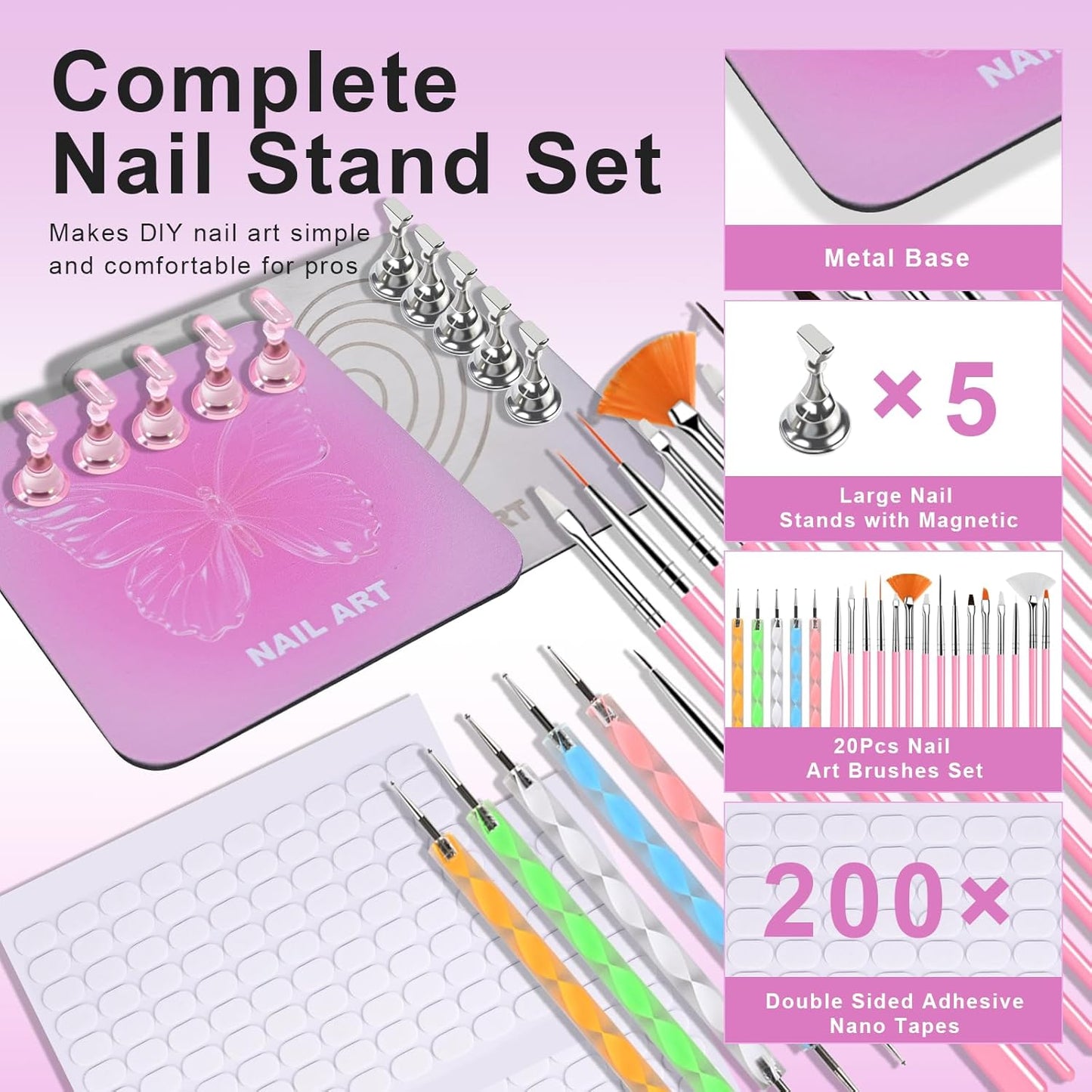 Nail Stand Brush Set, Magnetic Stands with Metal Base Art Palette, Reusable Nail Tips Display Practice Acrylic Holder with 200pcs Sticky Tabs and Tools for Home DIY Salon Supplies-Sliver