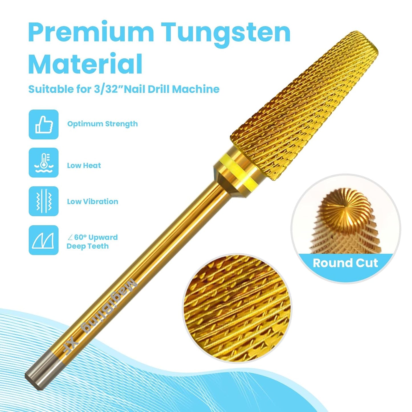 Super Cut 5 In 1 Nail Drill Bits，Tapered 3/32'' Safety Tungsten Bits, Upward Cut for Hard Gel Removal, Right Hand Use, Manicure Cuticle Gel Polishing, Technicians Bits, Gold, Extra Fine.