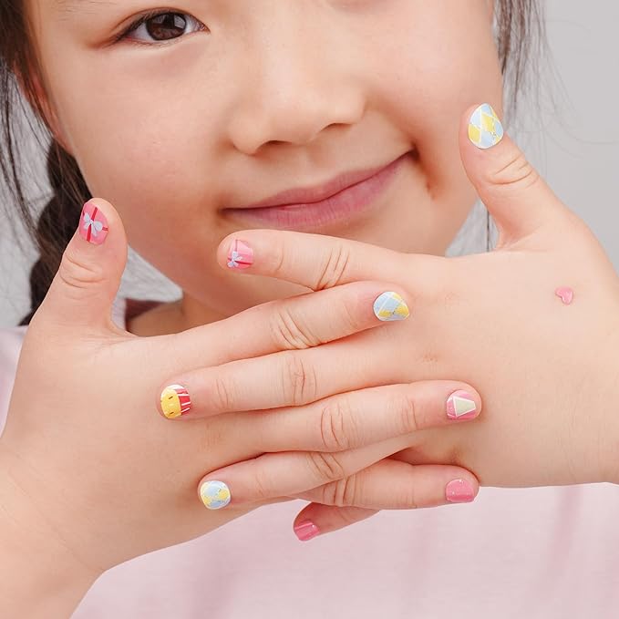 DANNI & TONI Kids Gel Nail Strips Cake Bowknot Peachy Pink Salon-Quality Peel & Stick Manicure for Children (Age 6+)– Safe, Long-Lasting, Easy to Apply |Sweet Party