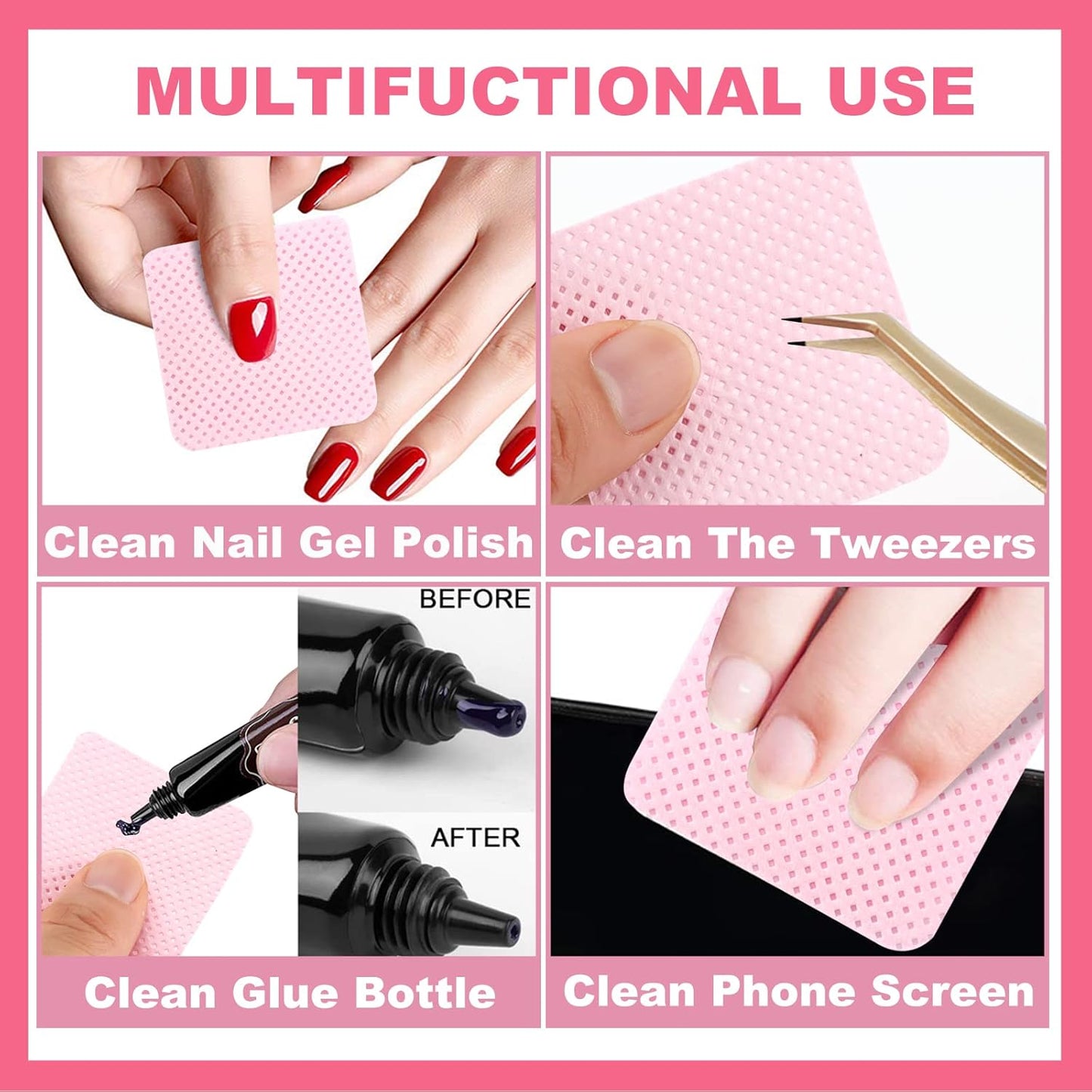 NXJ INFILILA Lint Free Nail Wipes, 540PCS Non-Woven Fabric Dry Nail Prep Wipes, Absorbent Acetone Nail Polish Remover Lash Extensions Glue Nail Cleaning Pads for Salon Supplies(Pink)