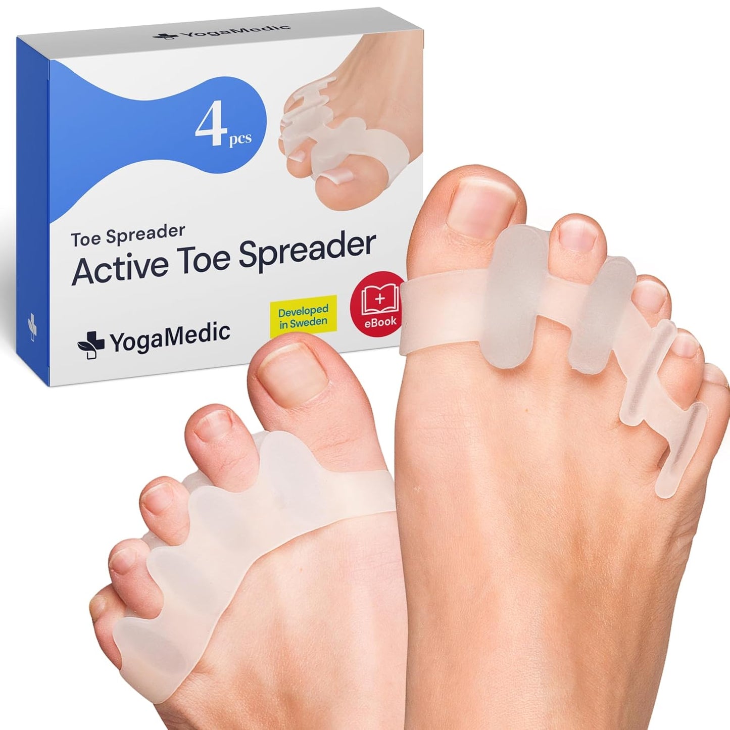 YOGAMEDIC Silicone Gel Toe Spacers - Pack of 4, Adult - Bunion Toe Separator for Relief - Hammertoe Straightener & Active Gel Spreaders