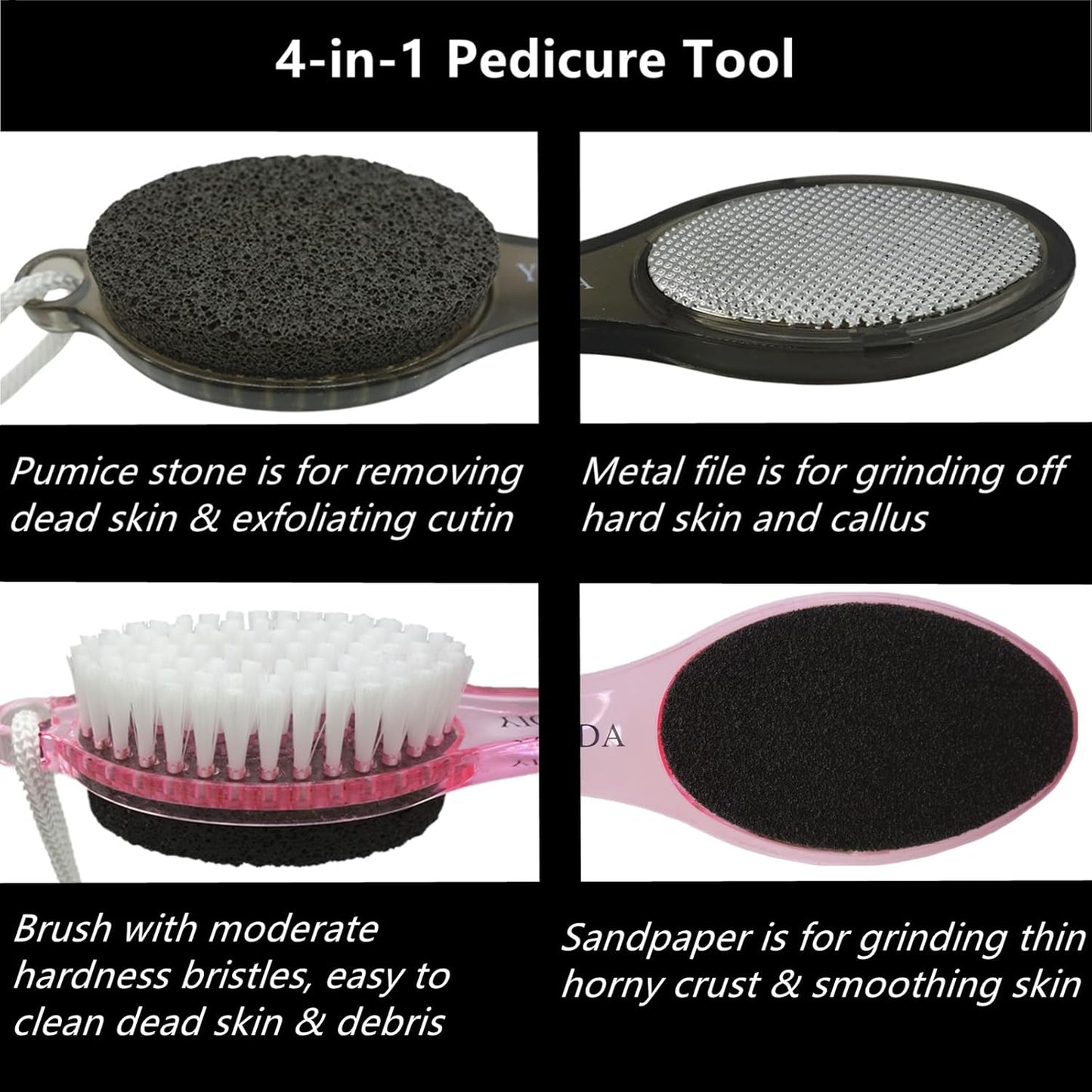 Foot File Callus Remover 4-in-1, 2 Pcs Feet Scraper Pedicure Tools with Pumice Stone, Scrubber Brush, Foot Rasp and Sand Paper, Double Sided Multi Purpose, Clear Black and Pink